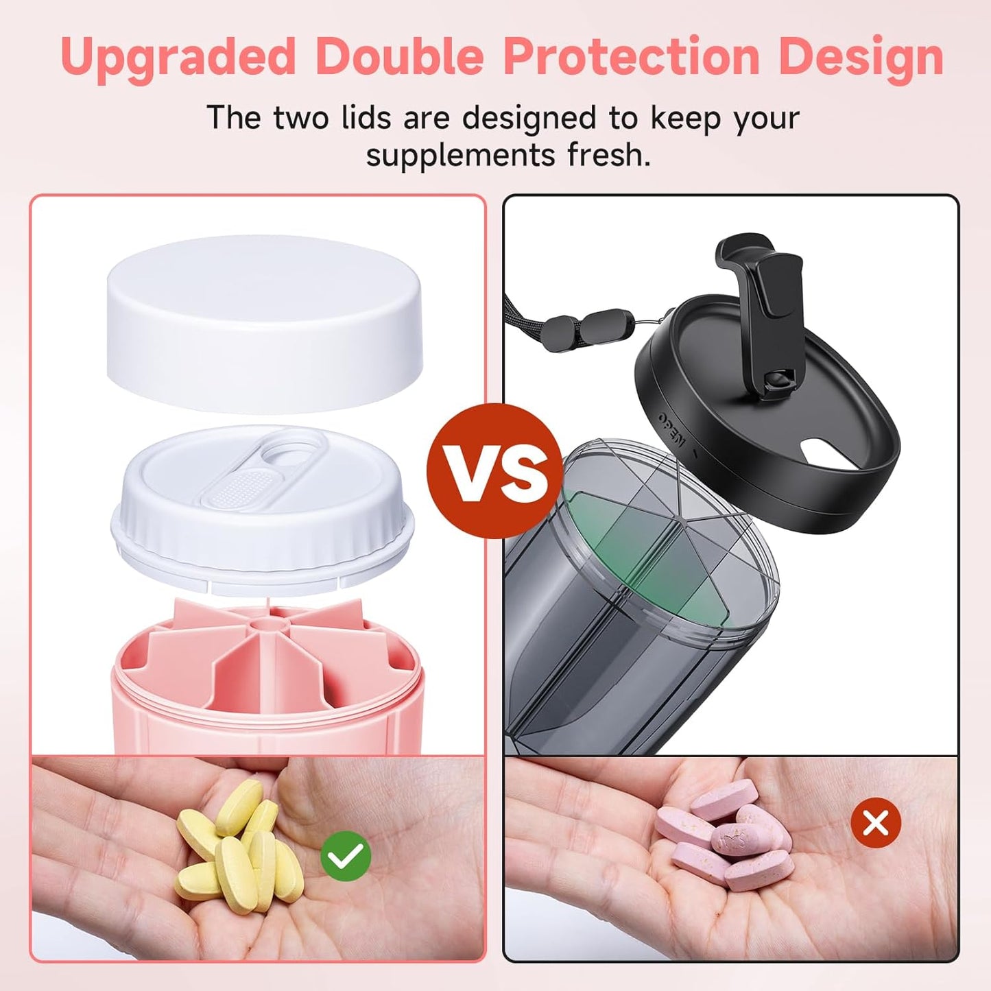 Pill Bottle Organizer, Supplement Organizer with 7 Large Compartments, Travel Pill Dispenser Round Pill Box with Two Lids（Pink+White）