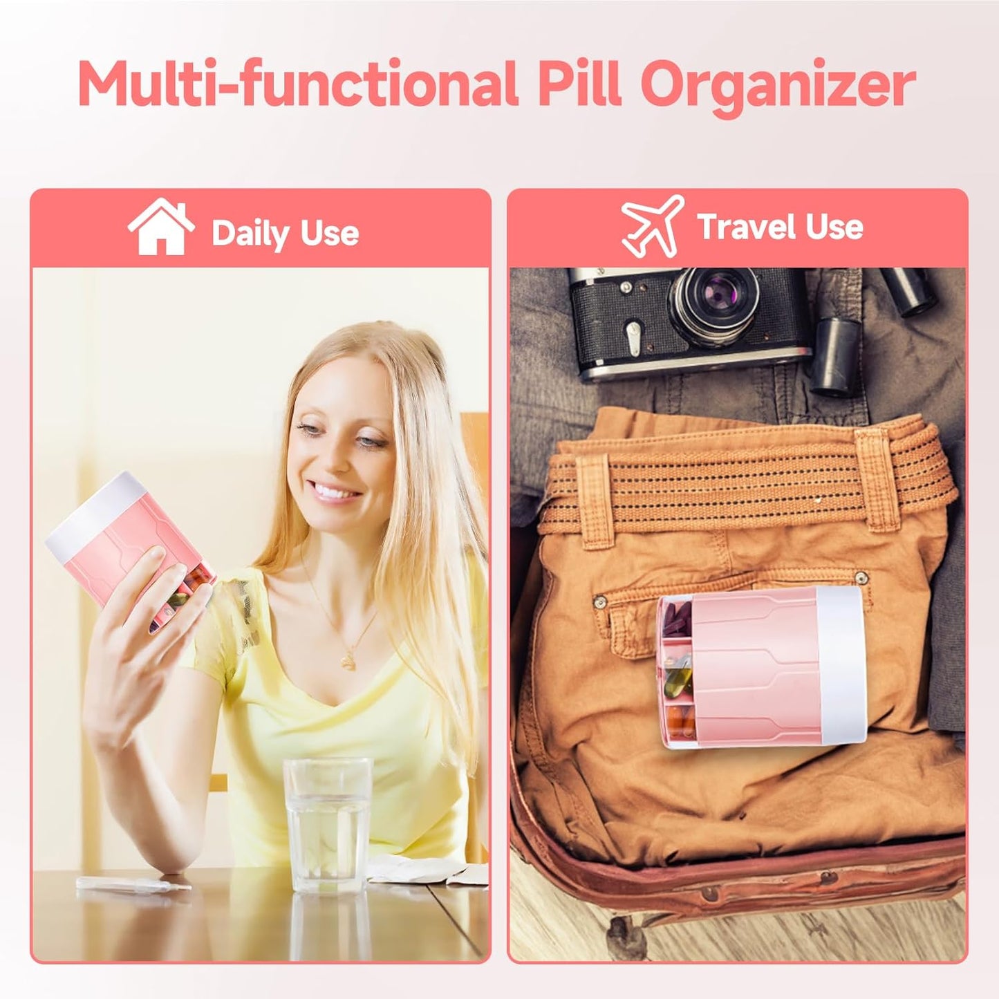 Pill Bottle Organizer, Supplement Organizer with 7 Large Compartments, Travel Pill Dispenser Round Pill Box with Two Lids（Pink+White）