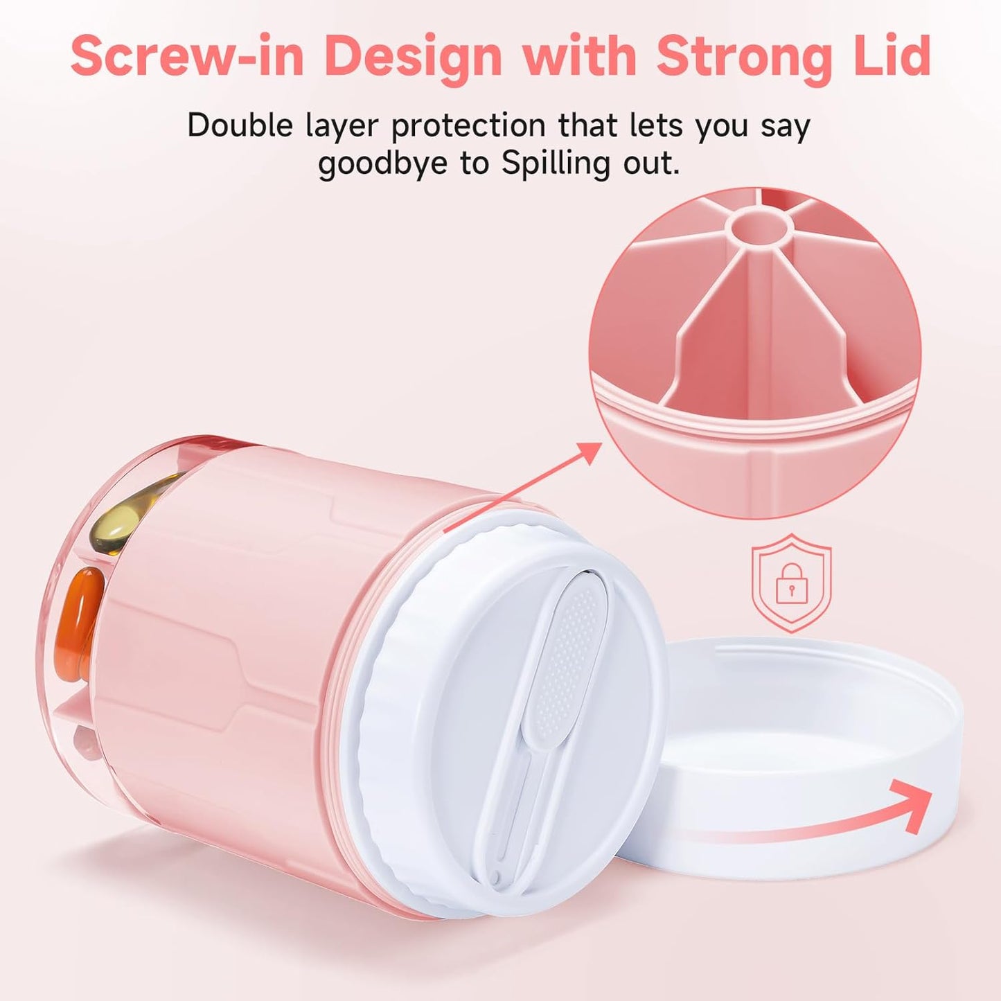 Pill Bottle Organizer, Supplement Organizer with 7 Large Compartments, Travel Pill Dispenser Round Pill Box with Two Lids（Pink+White）