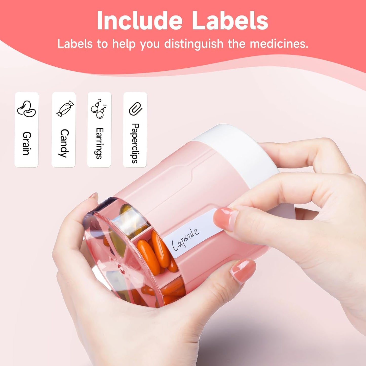 Pill Bottle Organizer, Supplement Organizer with 7 Large Compartments, Travel Pill Dispenser Round Pill Box with Two Lids（Pink+White）