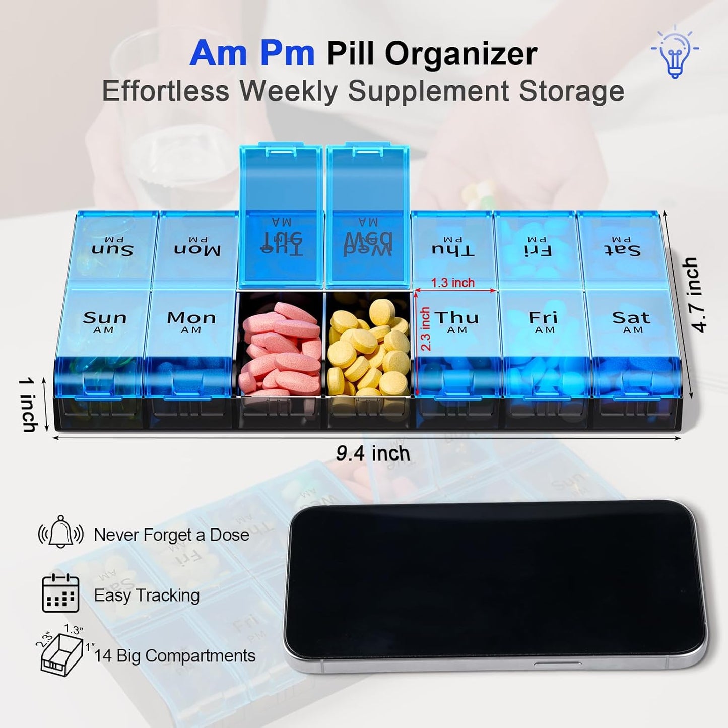XL Large Weekly Pill Organizer 2 Times a Day, Extra Big 7 Day Pill Box Am Pm, Daily Pill Case Medicine Organizer with 14 Compartments, Day Night Pill Container for Fish Oils, Vitamin, Supplement
