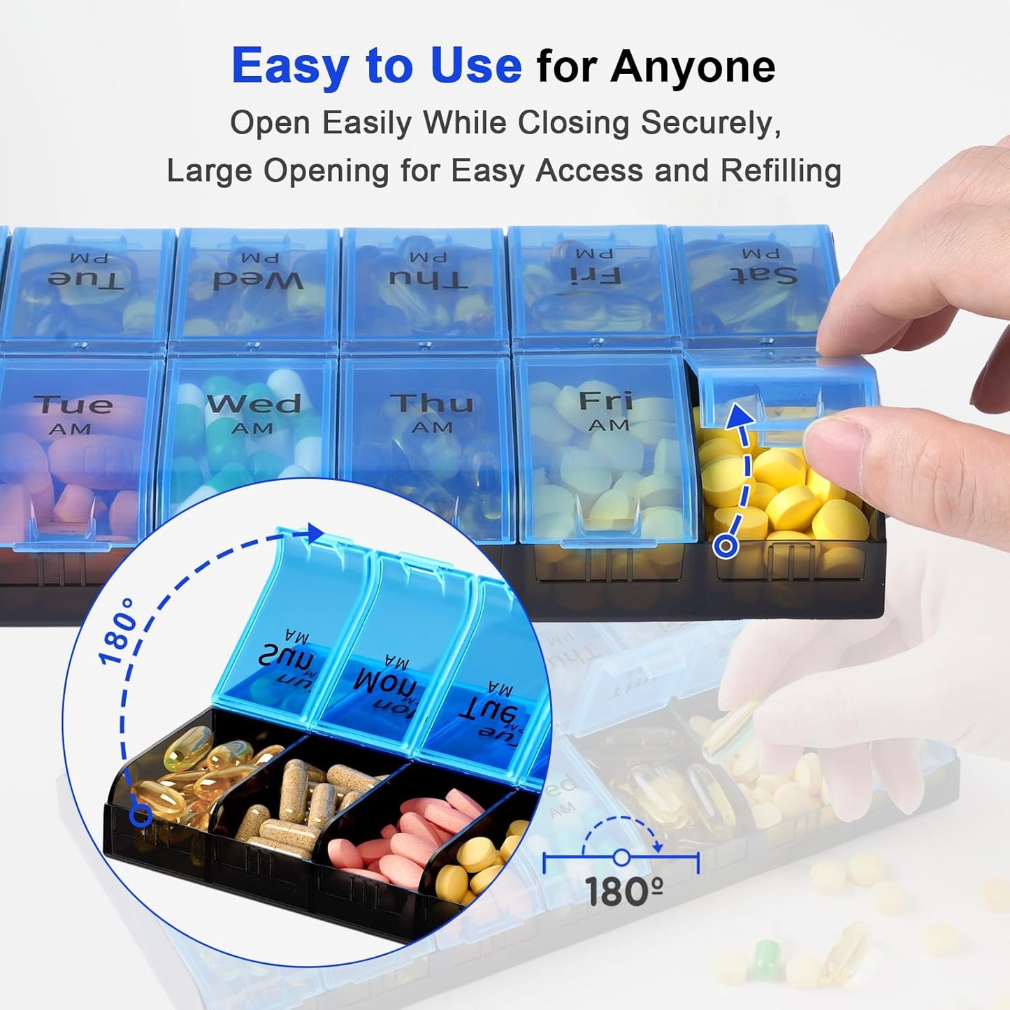 XL Large Weekly Pill Organizer 2 Times a Day, Extra Big 7 Day Pill Box Am Pm, Daily Pill Case Medicine Organizer with 14 Compartments, Day Night Pill Container for Fish Oils, Vitamin, Supplement