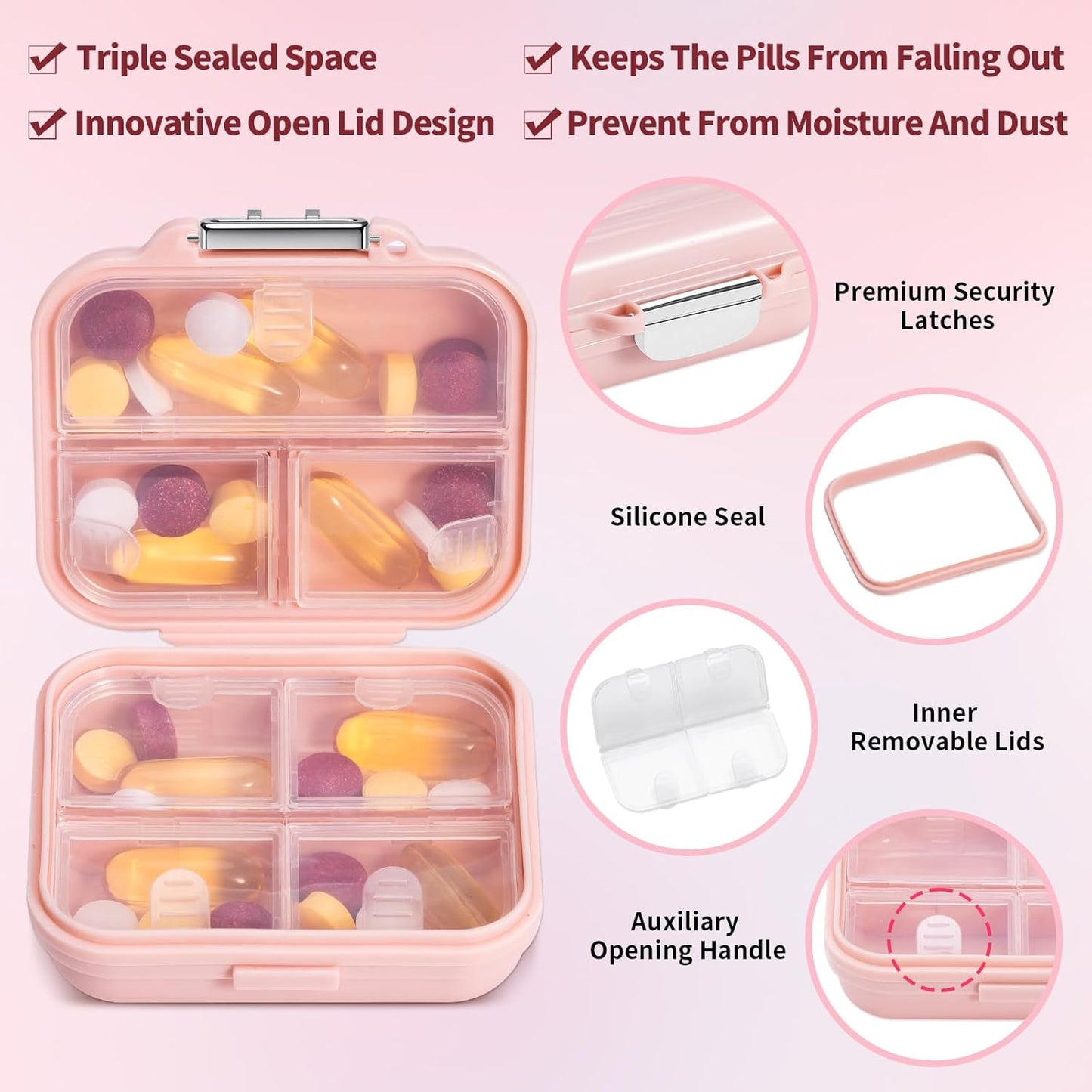 Travel Pill Organizer, 7 Compartments Portable Pill Case, Compact and Portable Pill Box, Small Pill Container for Pocket Purse Medicine Organizer, Daily Pill Box to Hold Vitamins