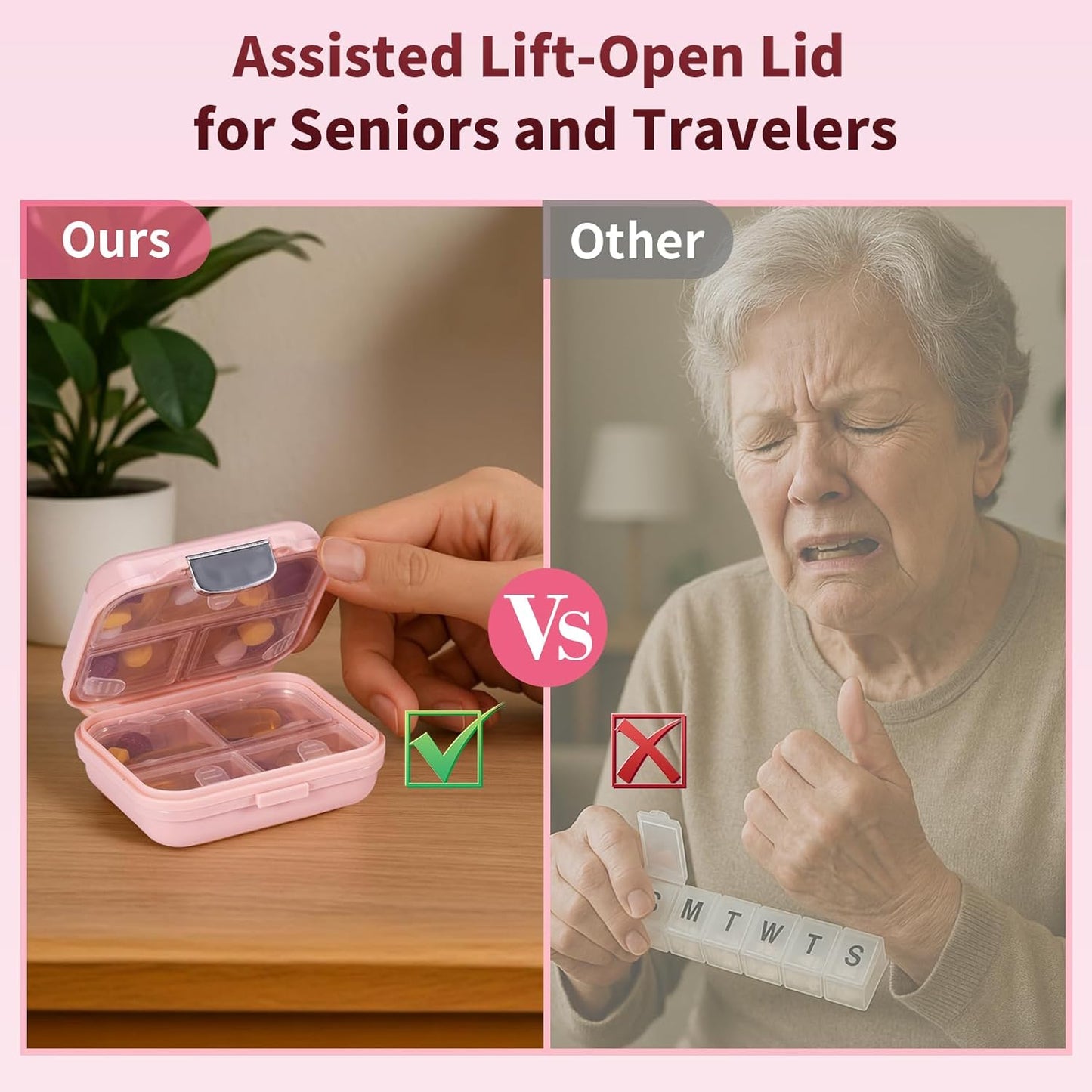 Travel Pill Organizer, 7 Compartments Portable Pill Case, Compact and Portable Pill Box, Small Pill Container for Pocket Purse Medicine Organizer, Daily Pill Box to Hold Vitamins