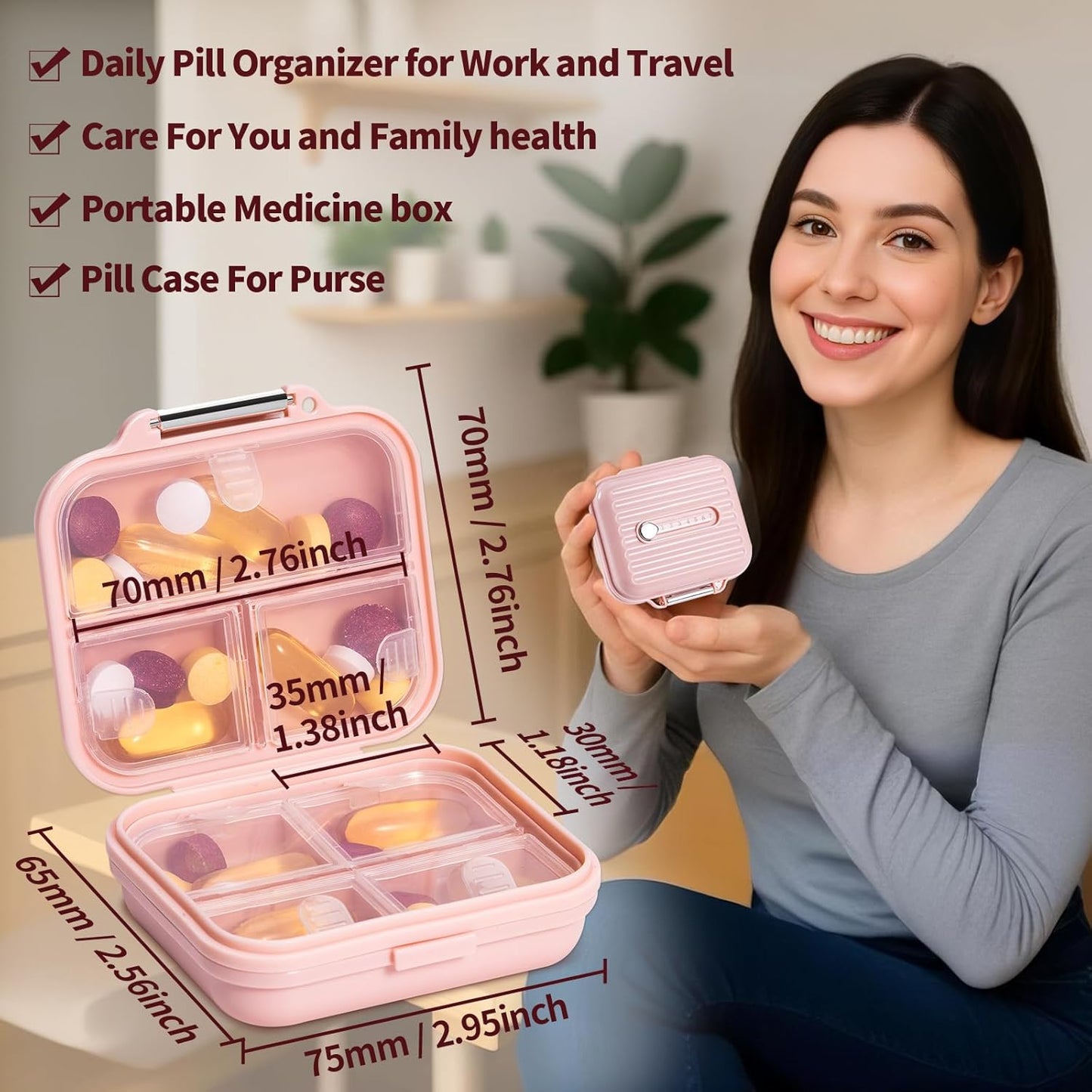 Travel Pill Organizer, 7 Compartments Portable Pill Case, Compact and Portable Pill Box, Small Pill Container for Pocket Purse Medicine Organizer, Daily Pill Box to Hold Vitamins