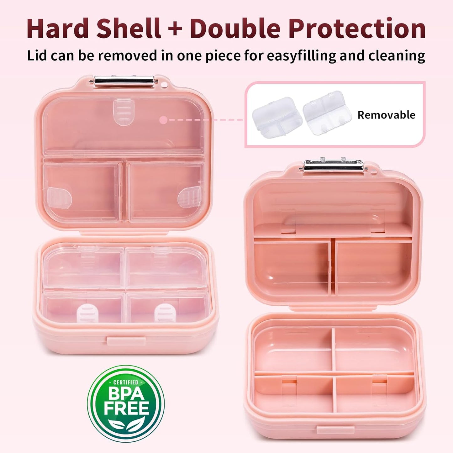 Travel Pill Organizer, 7 Compartments Portable Pill Case, Compact and Portable Pill Box, Small Pill Container for Pocket Purse Medicine Organizer, Daily Pill Box to Hold Vitamins