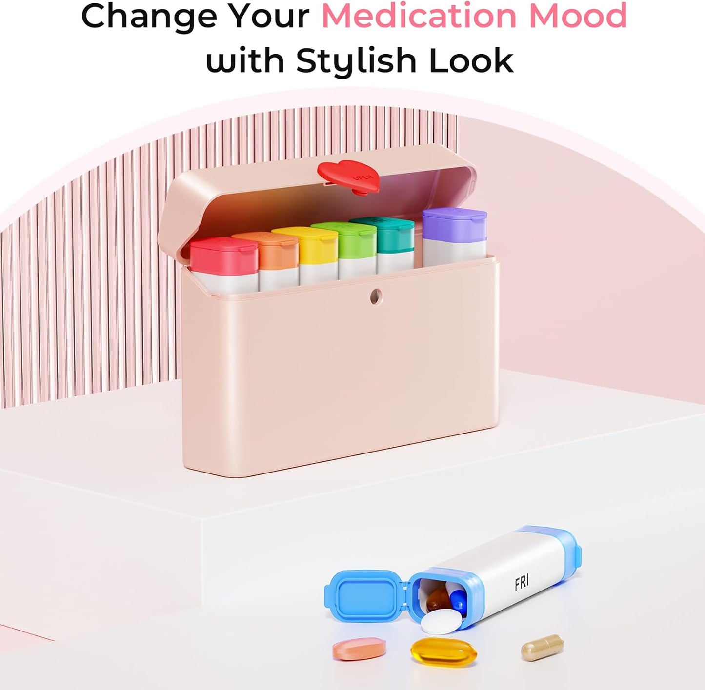 Pill Organizer 2 Times a Day - Large Capacity Weekly AM PM Pill Box with Heart Latch, 7 Day Travel Pill Case, Cute Medicine Organizer for Medication, Vitamins, Supplements