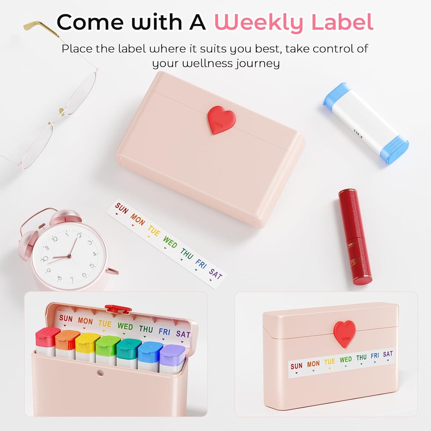 Pill Organizer 2 Times a Day - Large Capacity Weekly AM PM Pill Box with Heart Latch, 7 Day Travel Pill Case, Cute Medicine Organizer for Medication, Vitamins, Supplements