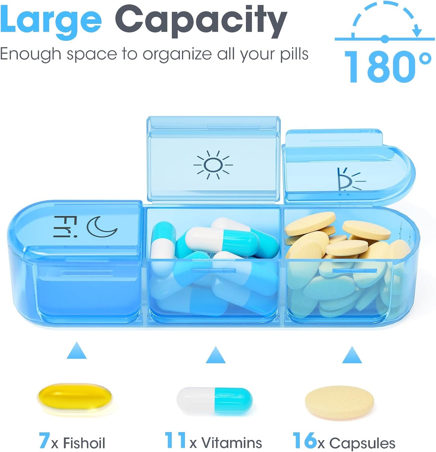7 Day Pill Box 3X a Day, Large 21 Compartment Pill Organizer with Separate Container, Portable Travel Pill Case for Medication, Vitamins, Fish Oil and Supplements