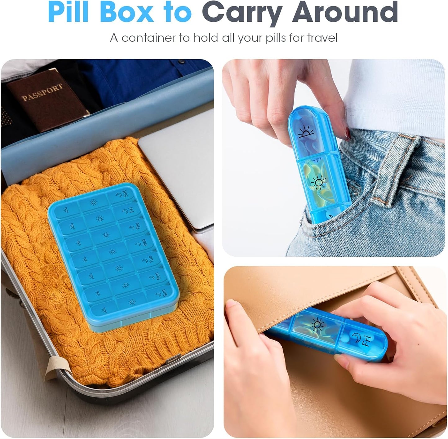 7 Day Pill Box 3X a Day, Large 21 Compartment Pill Organizer with Separate Container, Portable Travel Pill Case for Medication, Vitamins, Fish Oil and Supplements