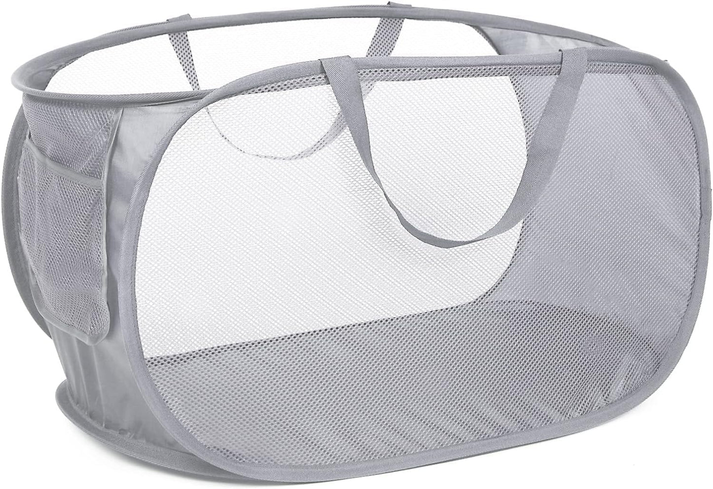 Mesh Collapsible Laundry Basket with Pockets and Reinforced Carry Handles, Foldable Dirty Clothes Pop up Laundry Hamper for Dorm Bathroom Bedroom Travel Dorm Camping (1, Grey)