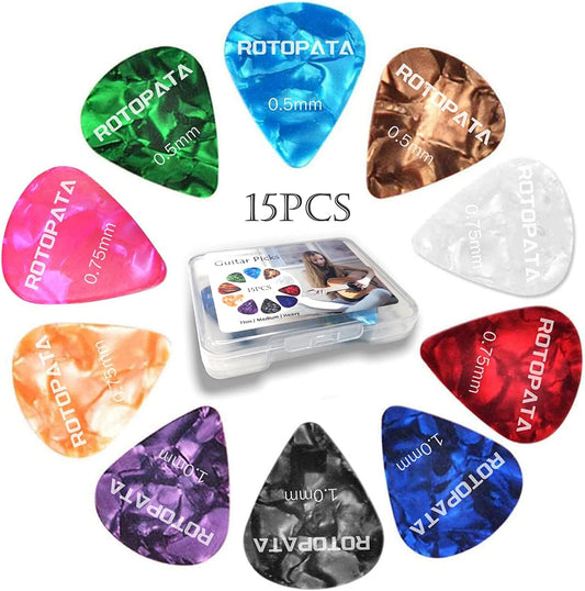 15 Pcs Guitar Picks with Organizer Storage Case, 0.5 0.75 1.0 mm Thin Medium Heavy Thickness & Variety Colorful Premium Celluloid Picks for Acoustic Electric Guitars Bass or Ukulele