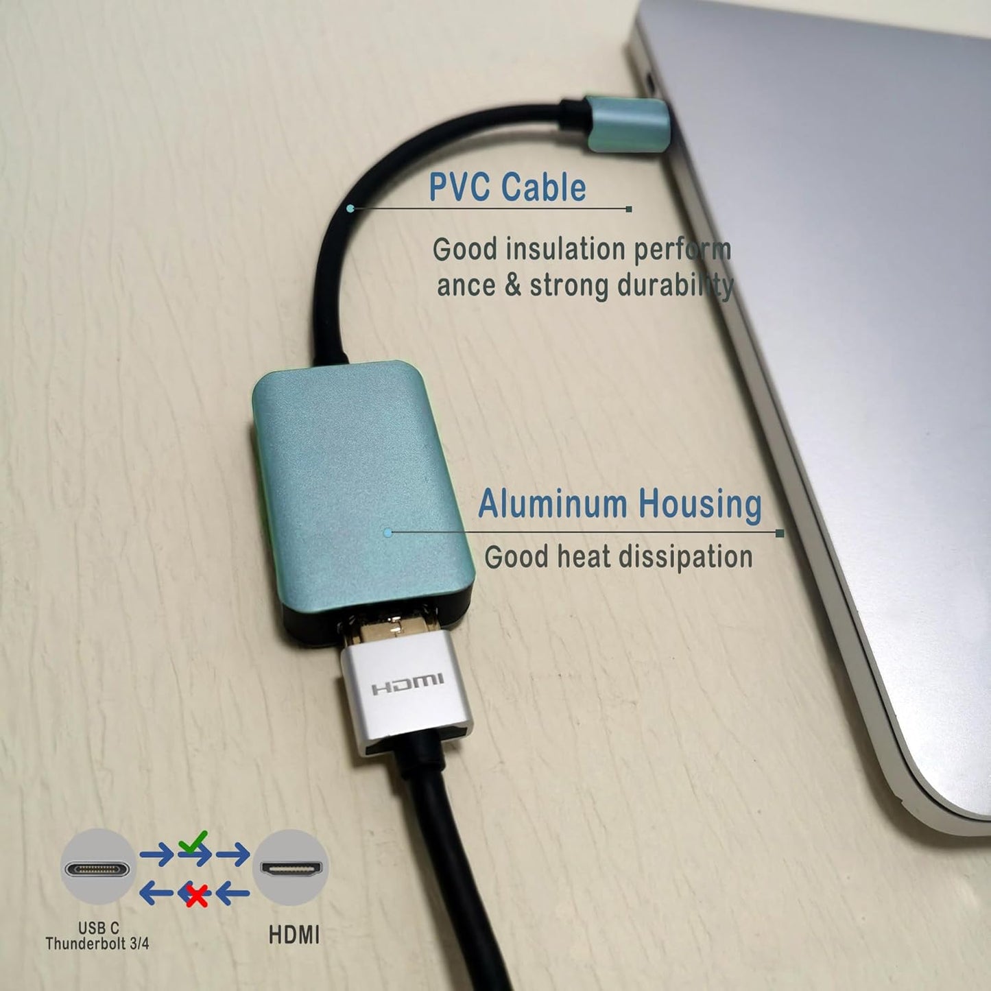 USB C to HDMI Adapter 4K@60Hz, Type C (Thunderbolt 3|4) to HDMI, High Speed HDMI to USB C Cable, Compatible with iPhone 15, iPad Pro, MacBook Air, iMac, Chromebook, Surface, Dell, etc.