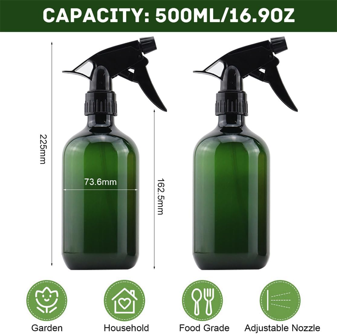 Plastic Spray Bottles 17OZ Empty Spray Bottle 2PCS Refillable Water Squirt Bottles Leakproof Water Spray Bottles for Cleaning Solution Alcohol Gardening Plants and Hairdressing, green