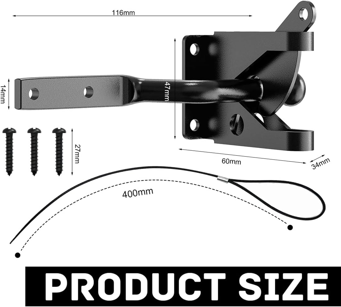 Gate Latch Self Locking Fence Gate Latch Automatic Gate Latch Door Latches with Pull Cable for Wooden Fence Gates Door, Black