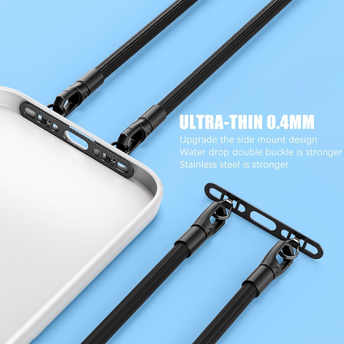 Phone Lanyard Pads 2PCS Universal Cell Phone Tether Tab Metal Ultra Thin Patch Non-Adhesive Phone Patches for Most Smartphones Cases (Black), Black, 4.6X 0.7CM