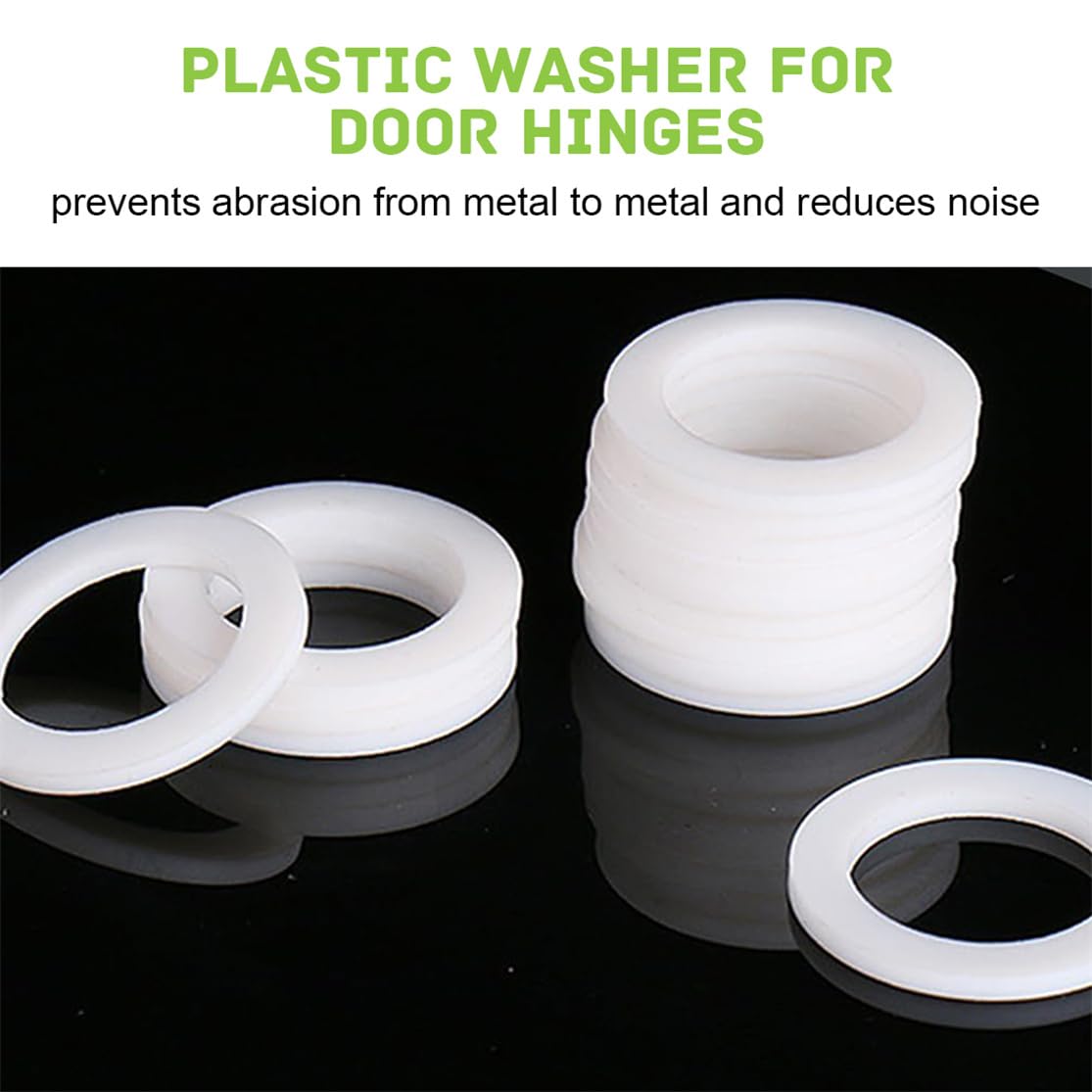 Door Hinge Plastic Washer Fitting Rings 100PCS Round Nylon Flat Washer Noise Reduction Plastic Gasket Mounting Rings for Room Door 1mm and 2mm Thick, White