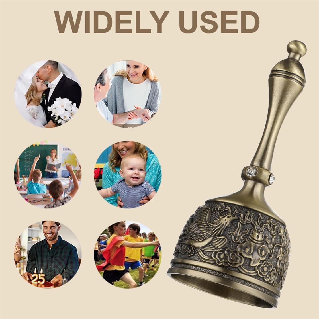 Hand Bell Brass Dinner Call Bells Loud Service Ringing Bell Tibetan Handbells for Meditation Seniors Bedside Musical Teaching Classroom