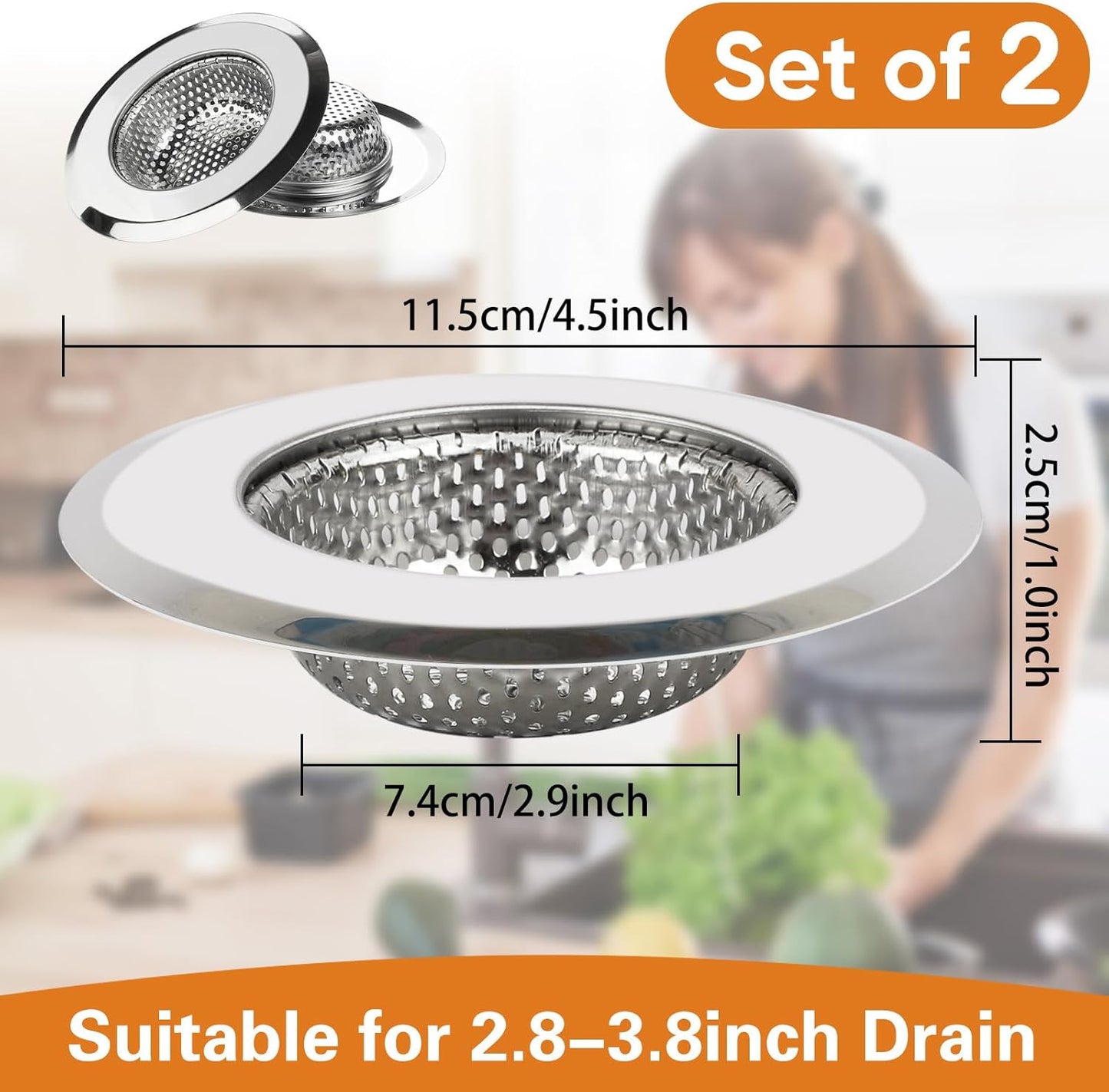 Kitchen Sink Strainer 2 Pack, 4.5 Inch/11.5cm Stainless Steel Sink Drain Strainer Kit Food Catcher for Kitchen Sink