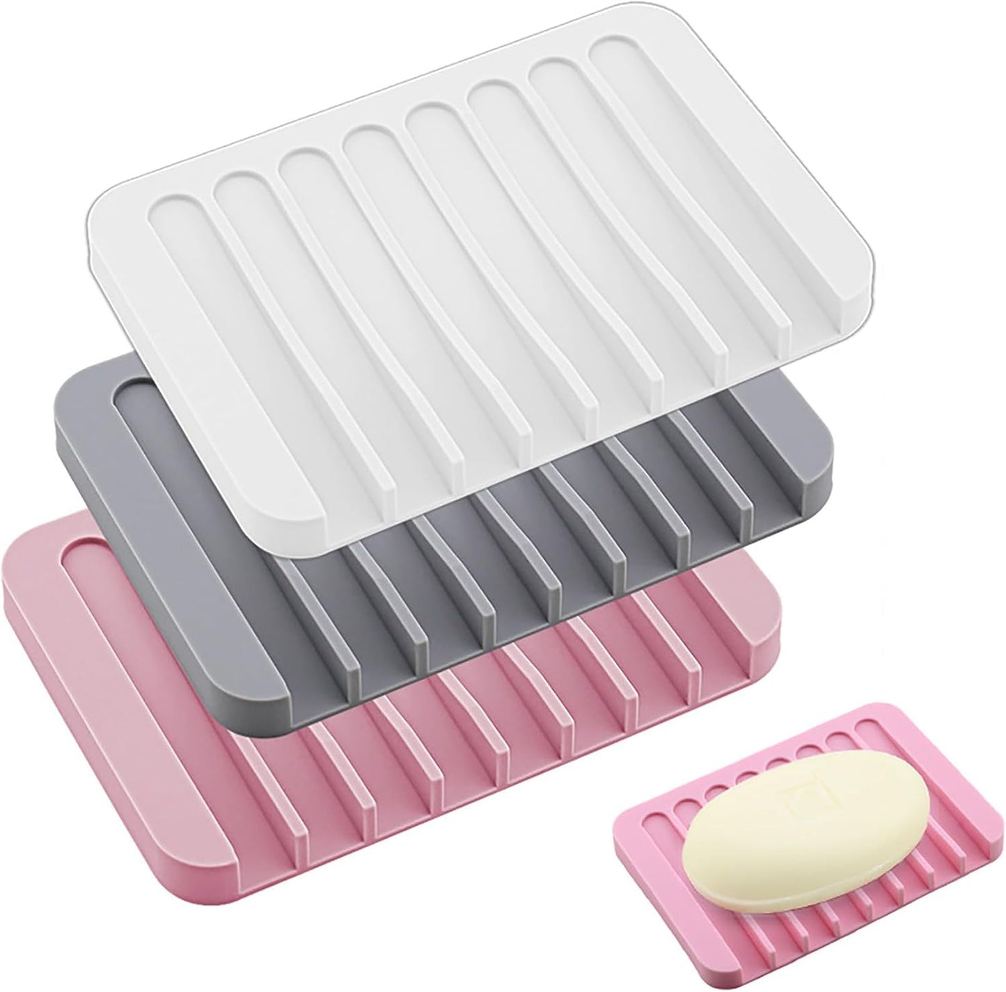 3 Pack Silicone Soap Dish Tray Holder Drainer, Soap Drainer Shower Waterfall for Bathroom and Kitchen, Keep Bars Dry Easy Cleaning (Grey+White+Pink)