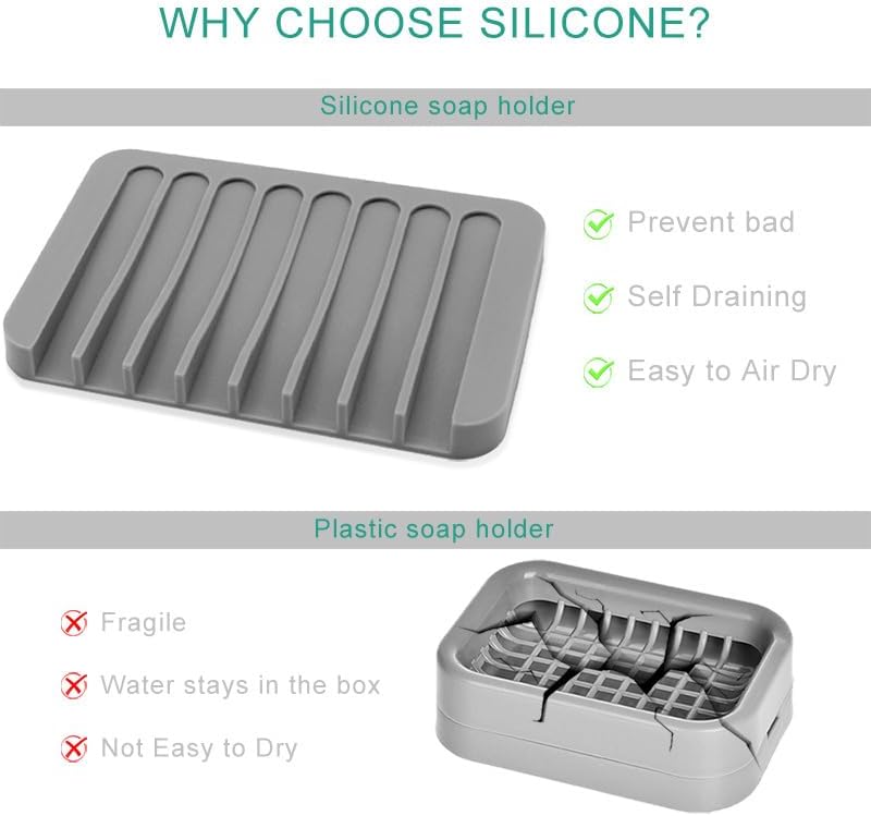 3 Pack Silicone Soap Dish Tray Holder Drainer, Soap Drainer Shower Waterfall for Bathroom and Kitchen, Keep Bars Dry Easy Cleaning (Grey+White+Pink)