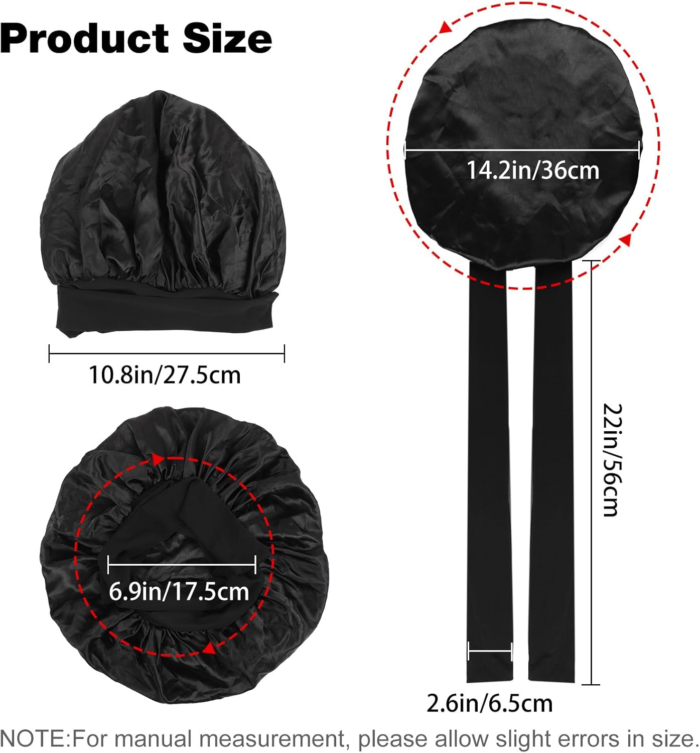 2PCS Silk Bonnet for Sleeping Women, Satin Bonnet Night Sleep Hair Cap for Curly Hair with Tie Band (Black+Purple)