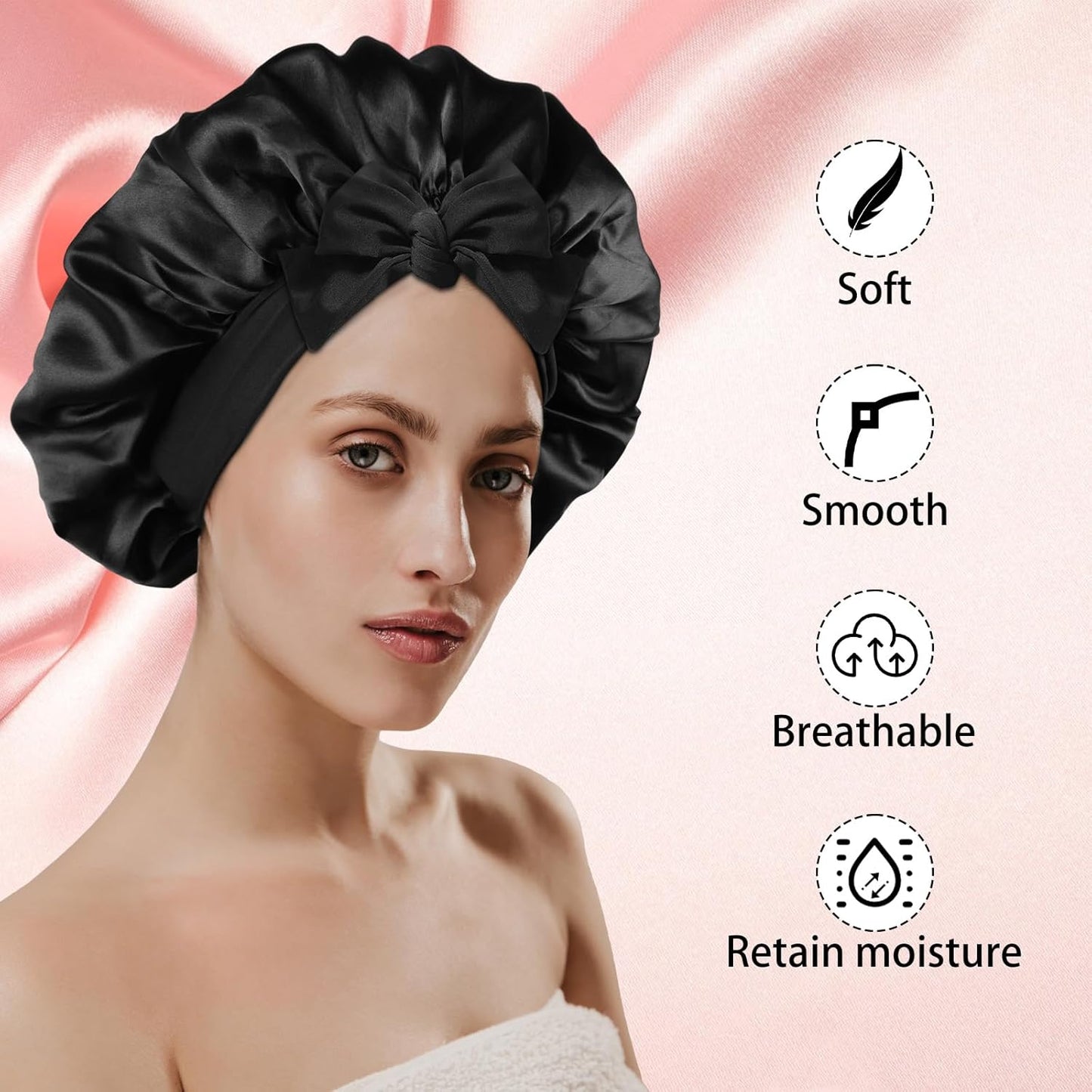 2PCS Silk Bonnet for Sleeping Women, Satin Bonnet Night Sleep Hair Cap for Curly Hair with Tie Band (Black+Purple)