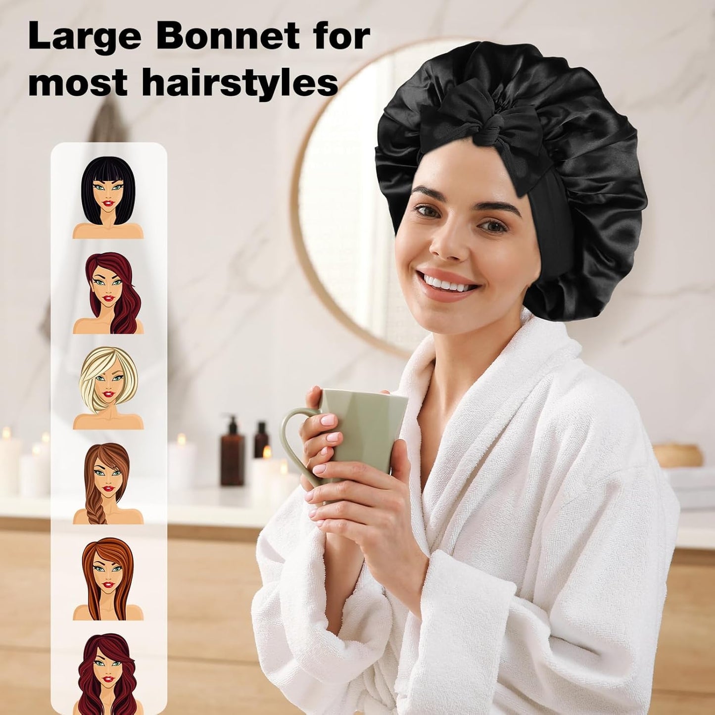 2PCS Silk Bonnet for Sleeping Women, Satin Bonnet Night Sleep Hair Cap for Curly Hair with Tie Band (Black+Purple)