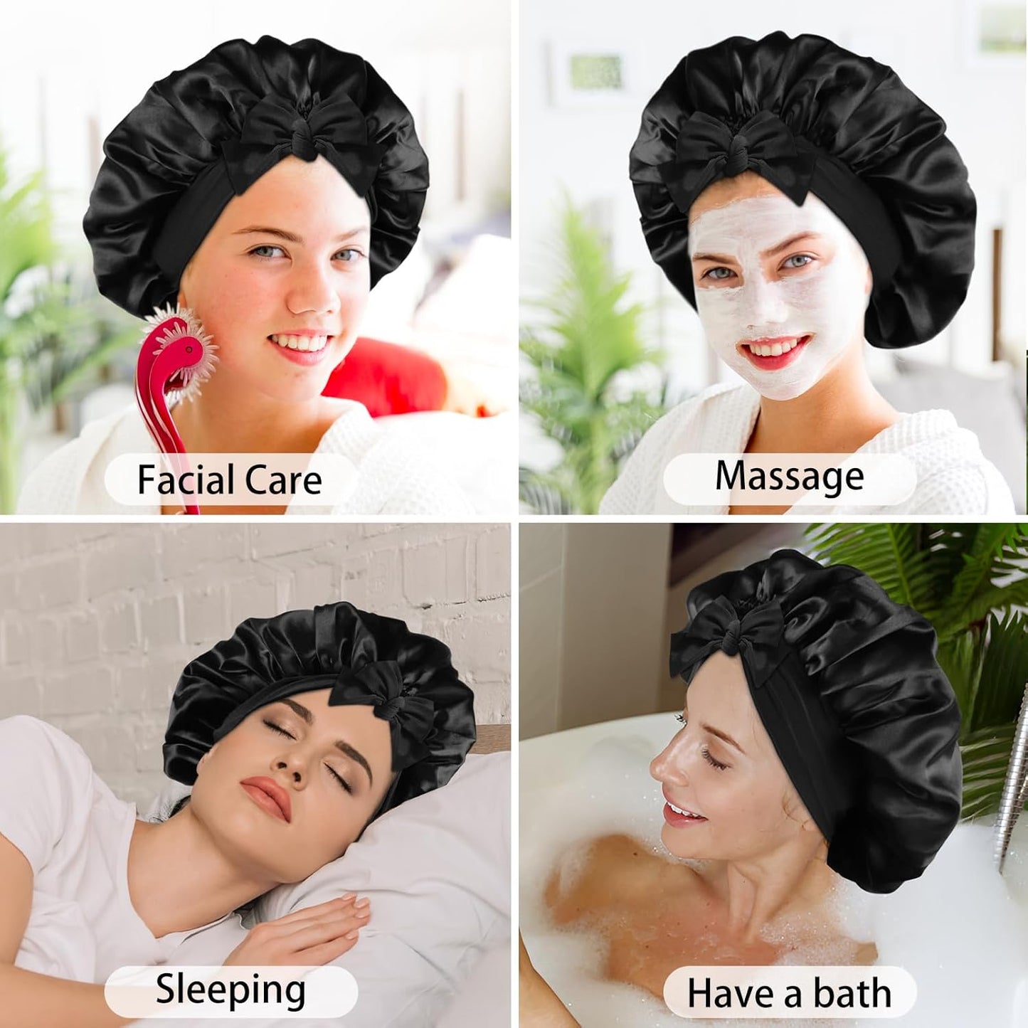 2PCS Silk Bonnet for Sleeping Women, Satin Bonnet Night Sleep Hair Cap for Curly Hair with Tie Band (Black+Purple)