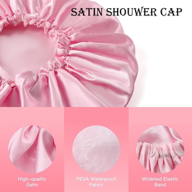 Satin Bonnet Silk Hair Cap for Sleeping, Adjustable Double layer Reversible Satin Sleep Cap with Hair Ties (Pink)