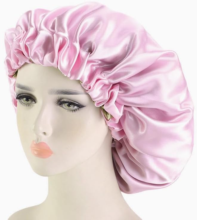 Satin Bonnet Silk Hair Cap for Sleeping, Adjustable Double layer Reversible Satin Sleep Cap with Hair Ties (Pink)
