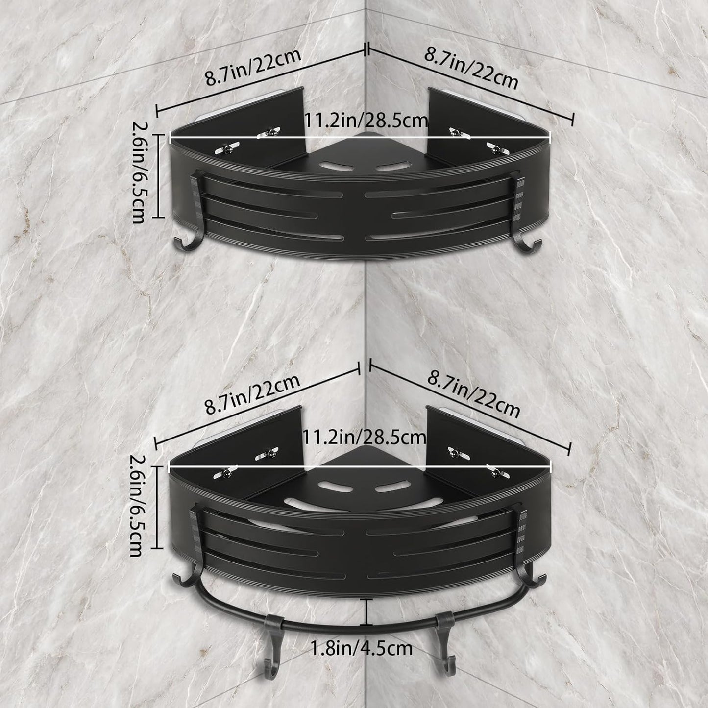Shower Shelf Corner Caddy - 2 Piece Drill-Free Shower Shelves Corner Organizer, Bathroom Shower Organizer Wall Mounted with 8 Hooks and towel bar (Gun Grey)