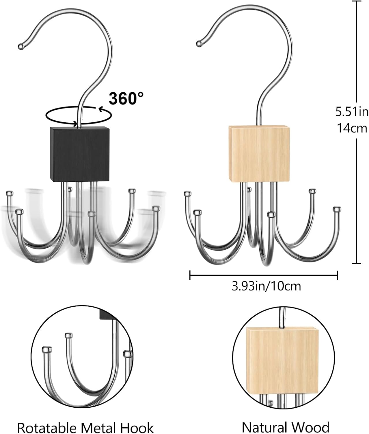Belt Hanger Tie Rack, 2 Pcs Closet Hanger Organizer 360° Rotatable Metal Belt Holder for Closet Accessories Organizer and Storage