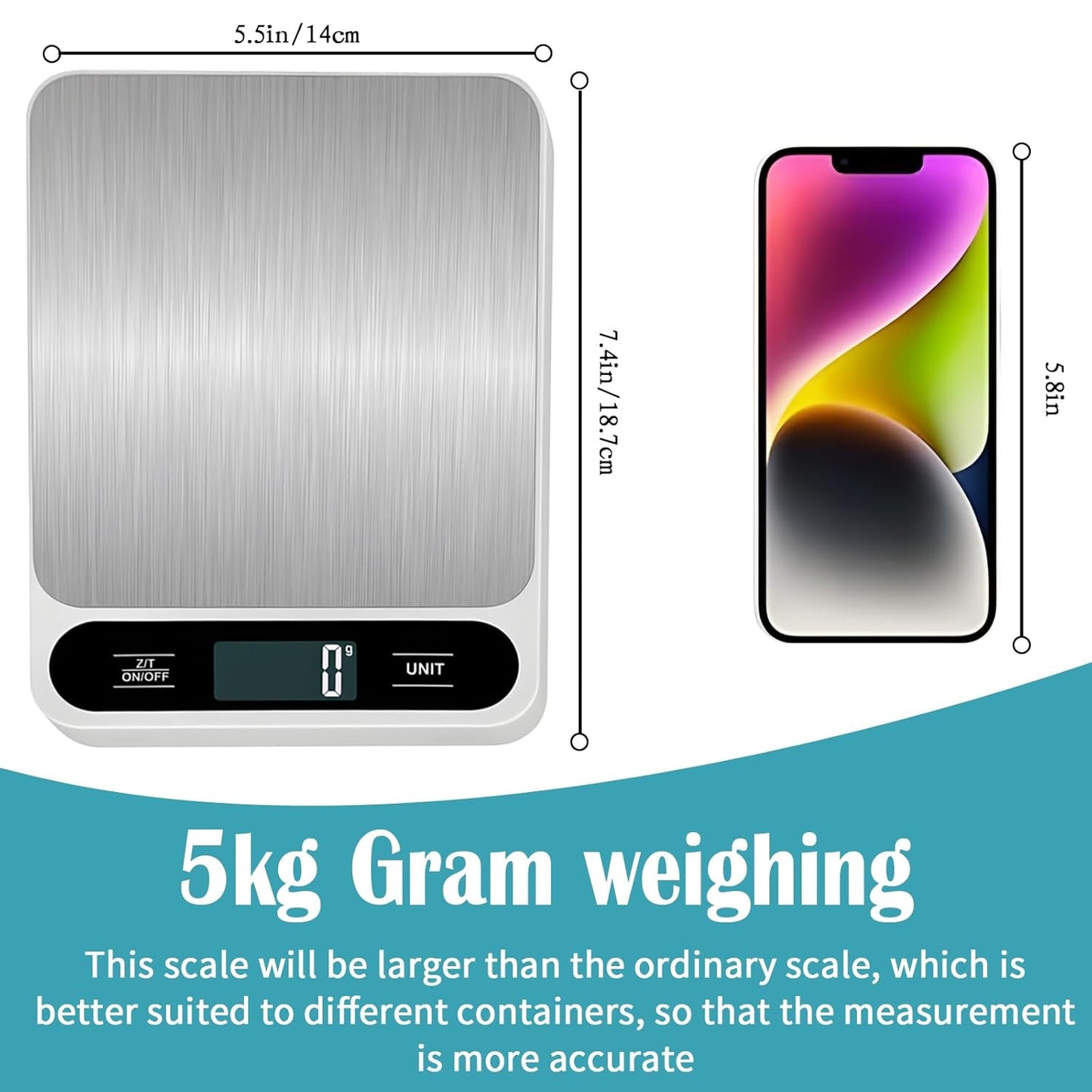 Food Kitchen Scale, 11lb Rechargeable Food Scale Digital Scale Kitchen Weight Grams and Ounces for Cooking Baking Stainless Steel