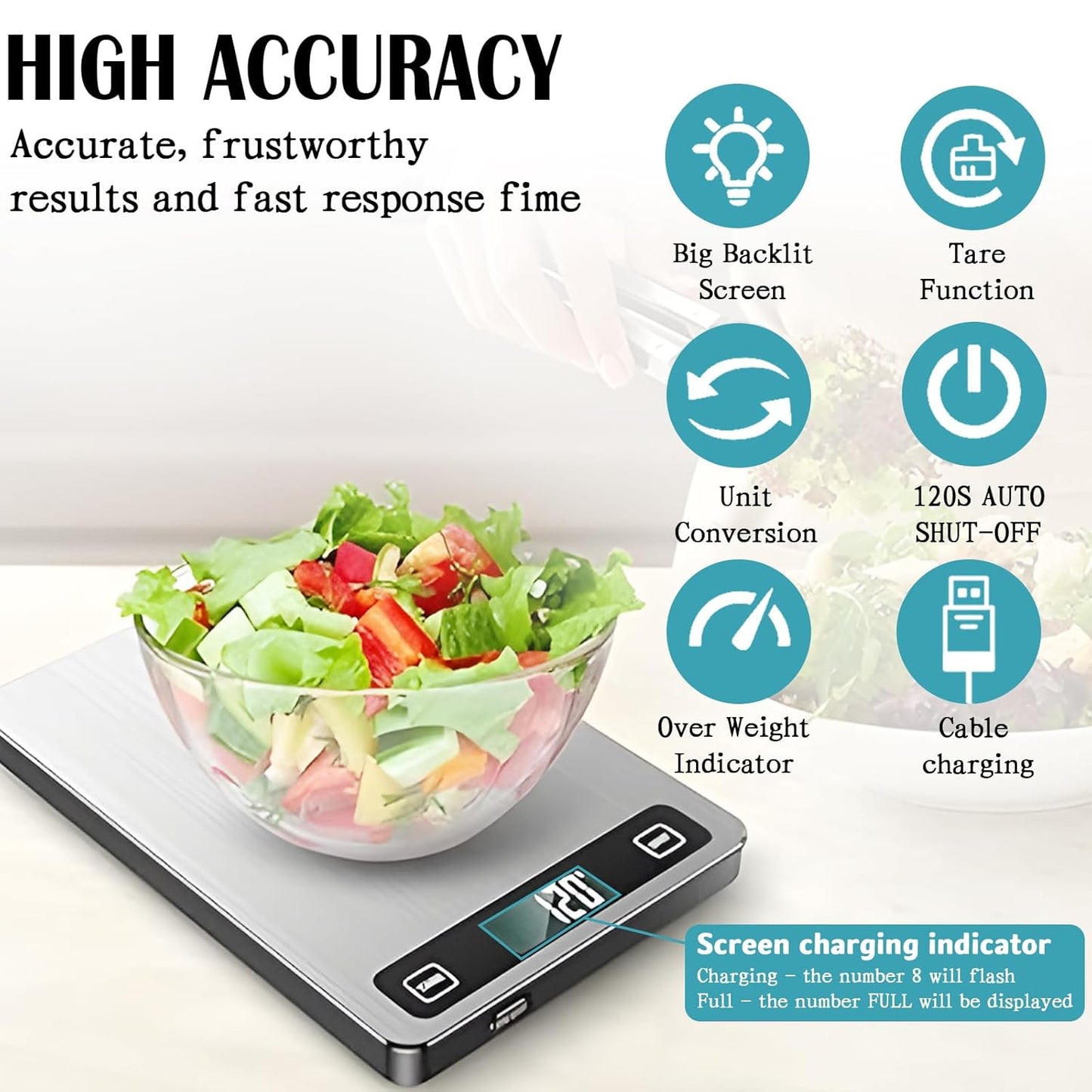 Food Kitchen Scale, 11lb Rechargeable Food Scale Digital Scale Kitchen Weight Grams and Ounces for Cooking Baking Stainless Steel