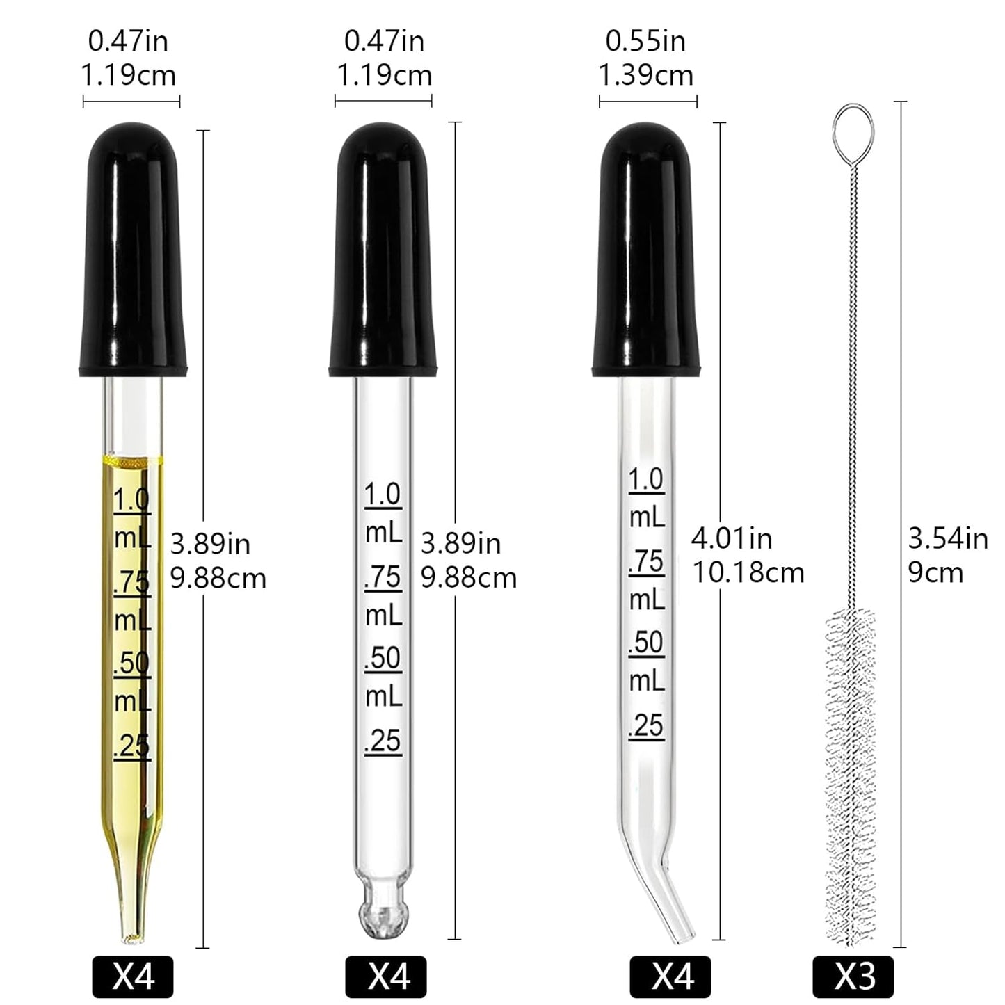 Eye Dropper Glass Pipette 12 Pcs 1ml, Calibrated Capacity Droppers with Measurements 4 Bent, 4 Ball & 4 Straight Tip with 3 Cleaning Brush for Laboratory, Liquid, Essential Oils