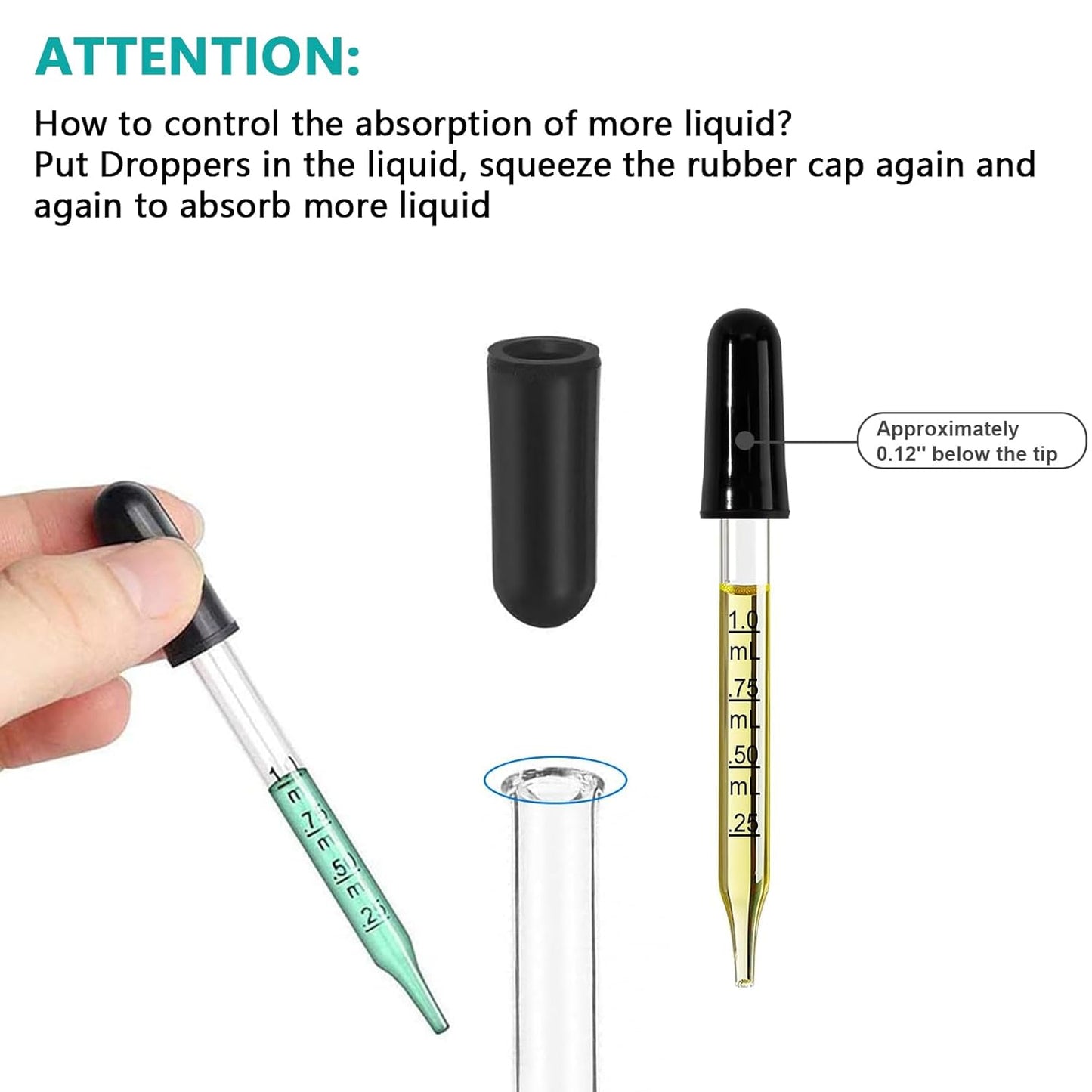 Eye Dropper Glass Pipette 12 Pcs 1ml, Calibrated Capacity Droppers with Measurements 4 Bent, 4 Ball & 4 Straight Tip with 3 Cleaning Brush for Laboratory, Liquid, Essential Oils