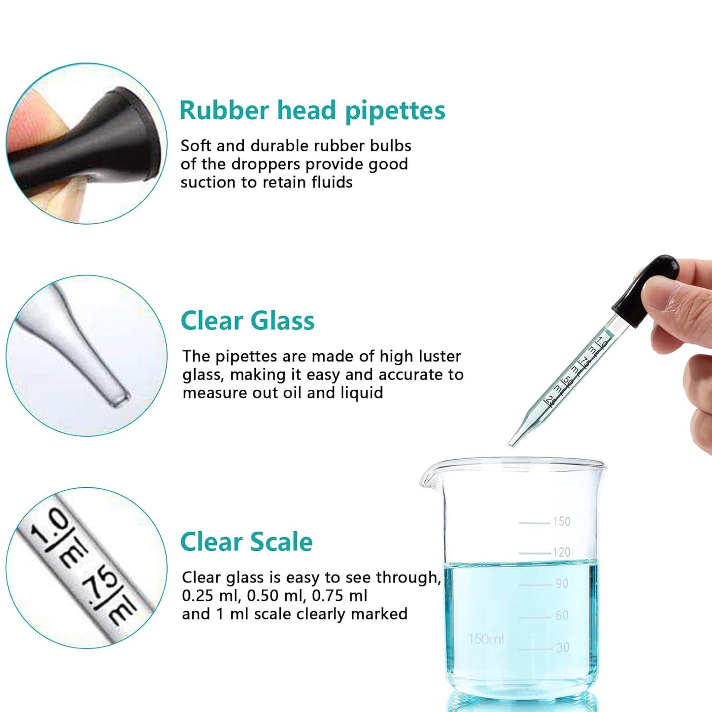 Eye Dropper Glass Pipette 12 Pcs 1ml, Calibrated Capacity Droppers with Measurements 4 Bent, 4 Ball & 4 Straight Tip with 3 Cleaning Brush for Laboratory, Liquid, Essential Oils