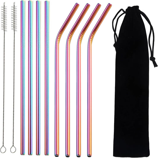 8 Pcs Reusable Metal Straws, Stainless Steel Straws 8.5 Inch Drinking Straw, 4 Straight, 4 Bent Straws with 2 Cleaner Brush