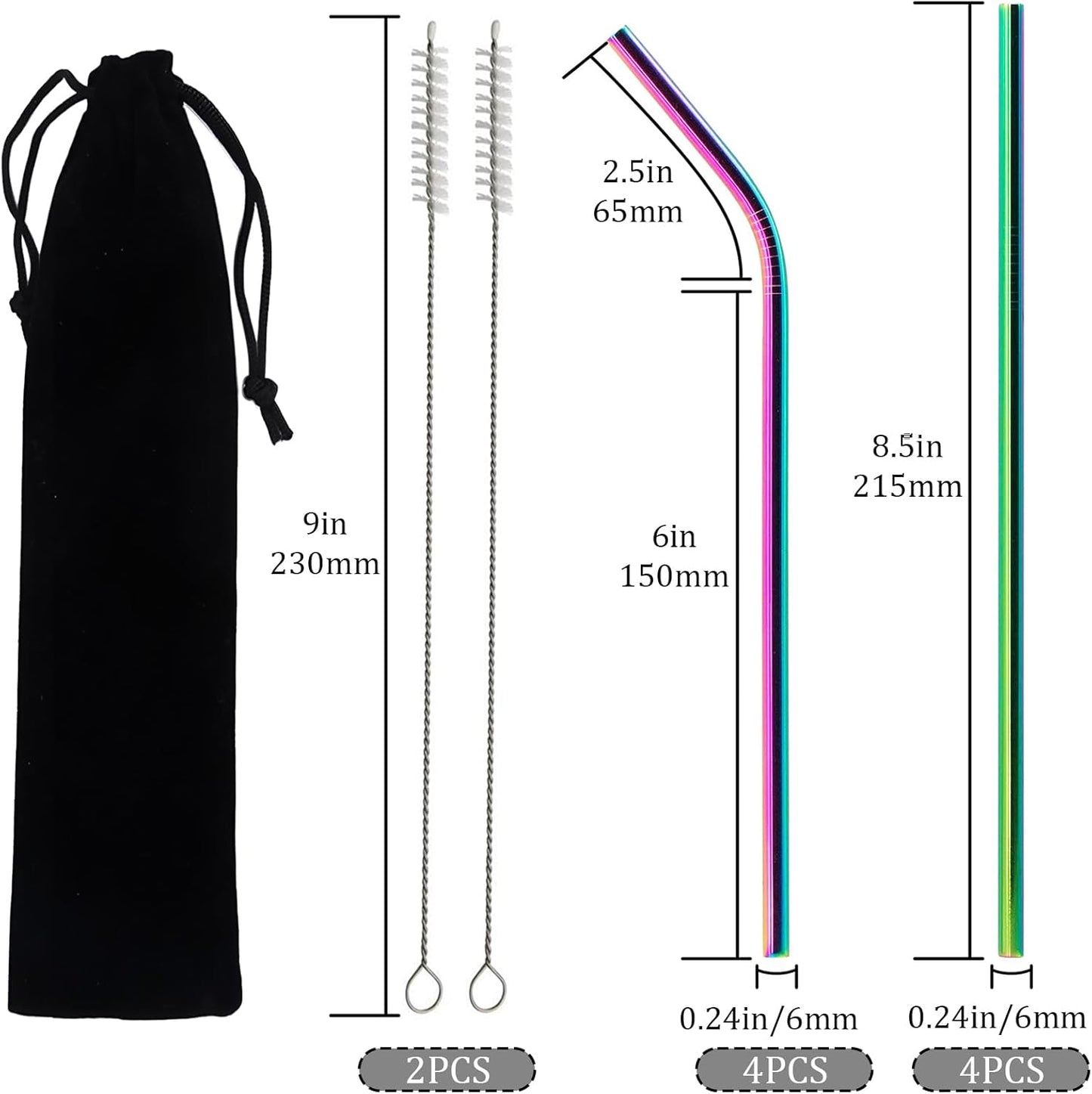 8 Pcs Reusable Metal Straws, Stainless Steel Straws 8.5 Inch Drinking Straw, 4 Straight, 4 Bent Straws with 2 Cleaner Brush
