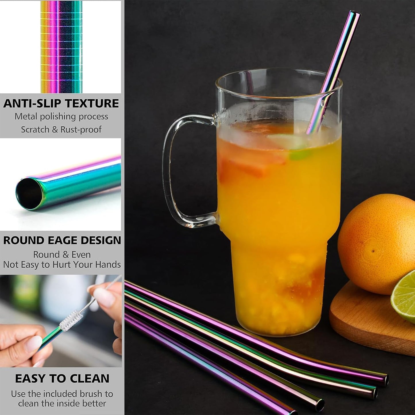8 Pcs Reusable Metal Straws, Stainless Steel Straws 8.5 Inch Drinking Straw, 4 Straight, 4 Bent Straws with 2 Cleaner Brush