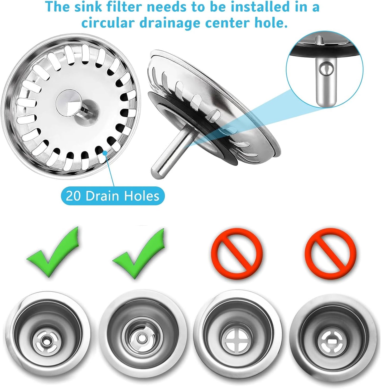 2 Pack Kitchen Sink Strainer, Stainless Steel Sink Drain Stopper, 3.15 Inch/8cm Sink Plug
