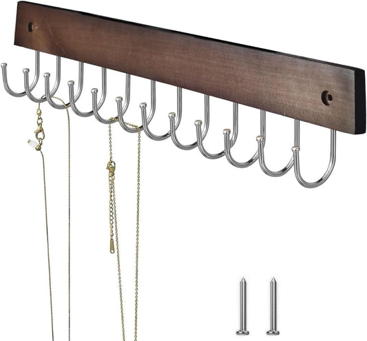 Belt Hanger Tie Rack Wall Mounted, Belt Organizer Bra Hanger for Closet Accessories with 12 Hooks, Sturdy Wood for Closet Organizers and Storage