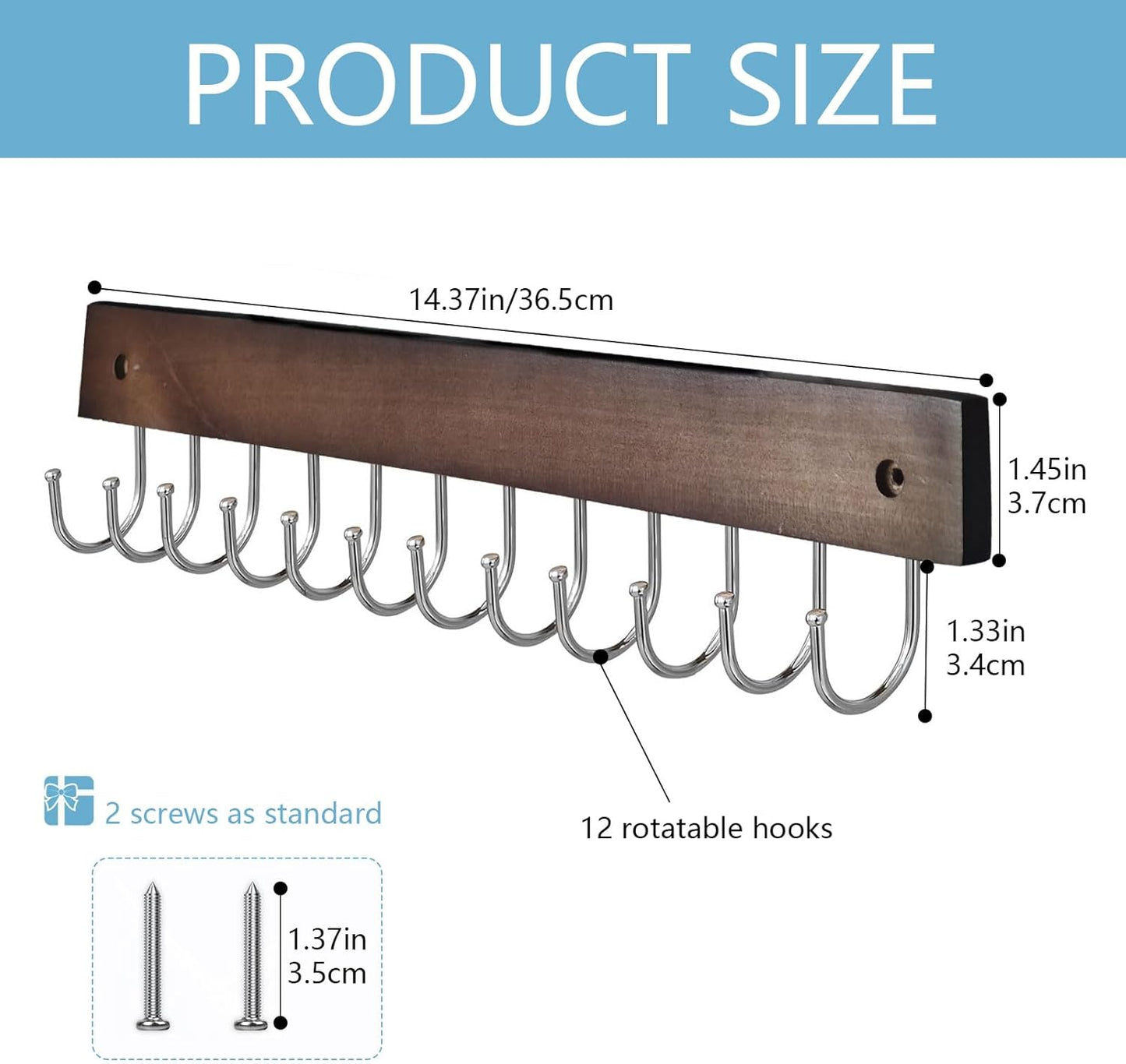 Belt Hanger Tie Rack Wall Mounted, Belt Organizer Bra Hanger for Closet Accessories with 12 Hooks, Sturdy Wood for Closet Organizers and Storage