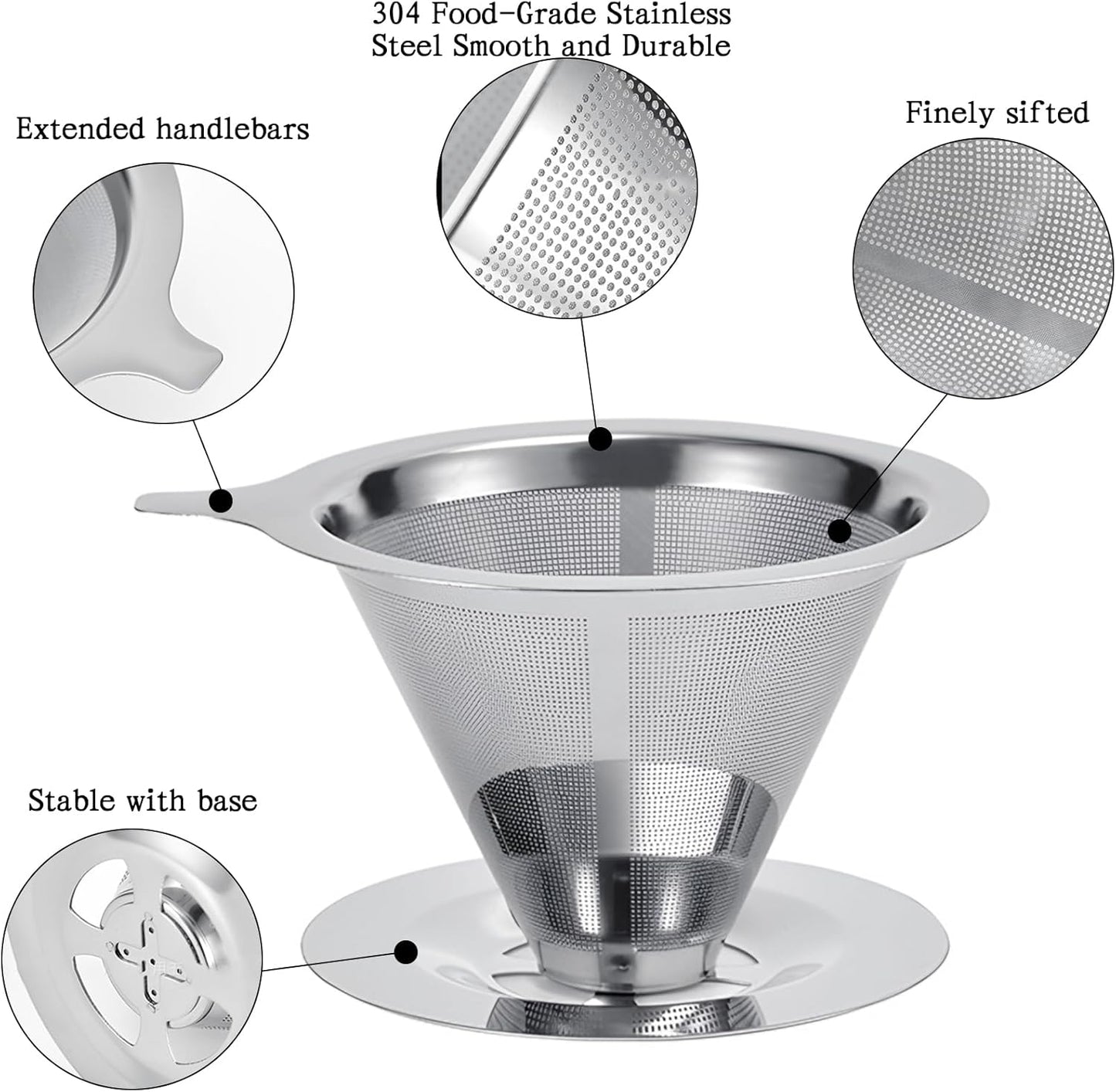 Pour Over Coffee Dripper, Reusable Stainless Steel Pour Over Coffee Filter Paperless Permanent Coffee Strainer for 1-4 Cup with Base