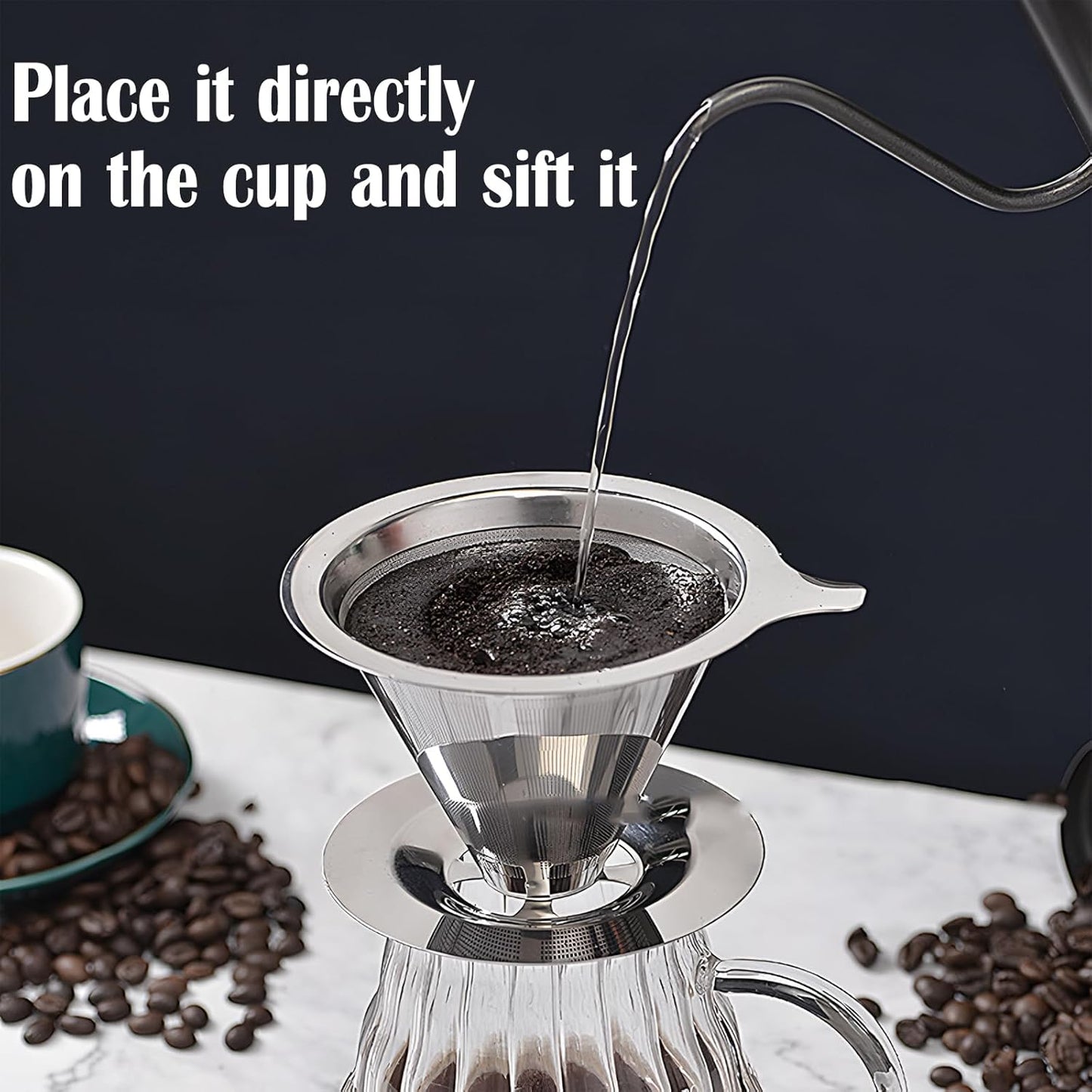 Pour Over Coffee Dripper, Reusable Stainless Steel Pour Over Coffee Filter Paperless Permanent Coffee Strainer for 1-4 Cup with Base