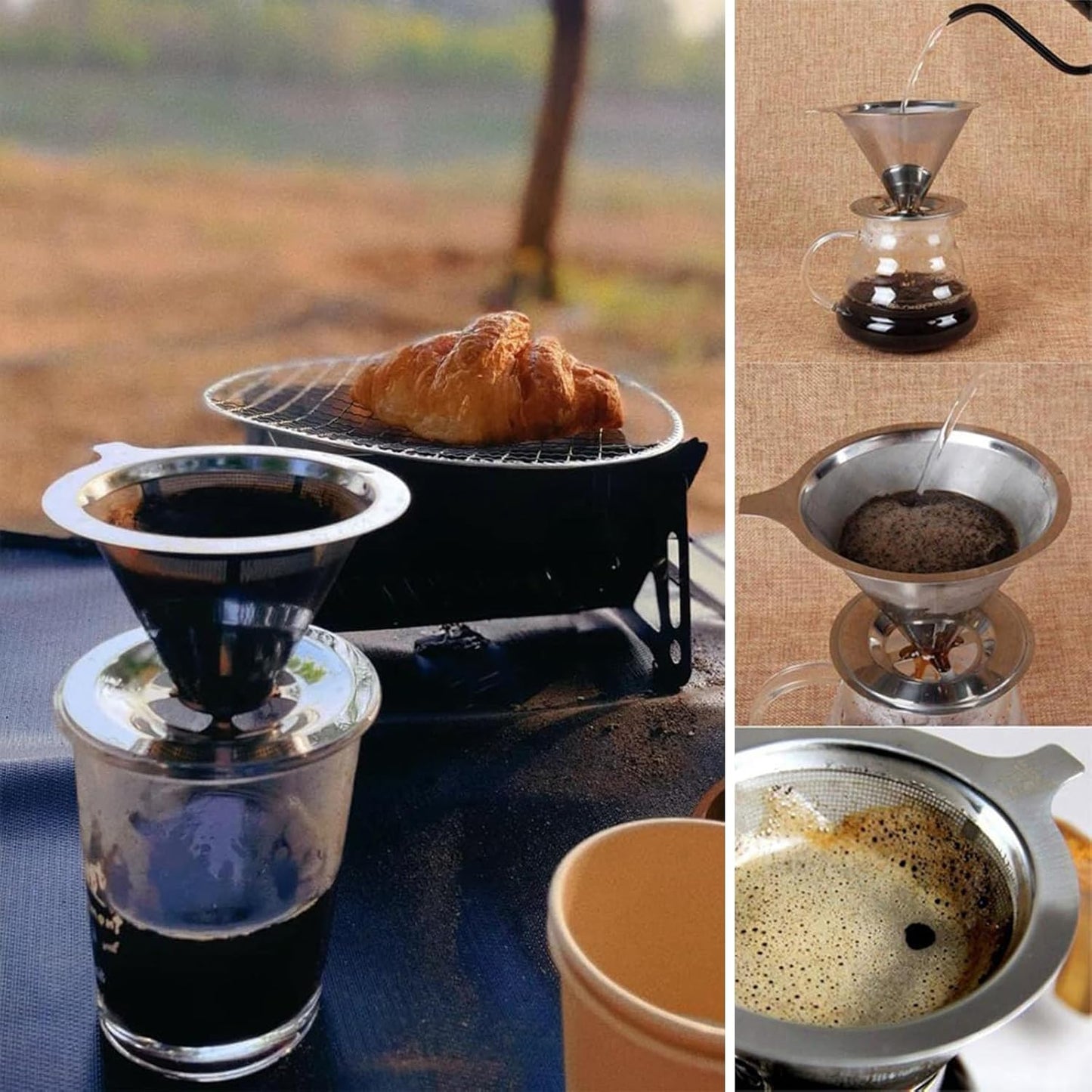 Pour Over Coffee Dripper, Reusable Stainless Steel Pour Over Coffee Filter Paperless Permanent Coffee Strainer for 1-4 Cup with Base