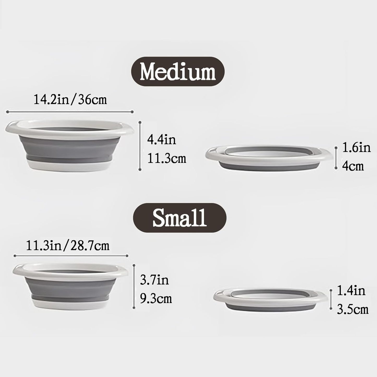2 Pack Collapsible Wash Basin, Portable Wash Basin with Handles for Kitchen Sink Fruits Vegetables Home Camping Easy Storage (Grey)