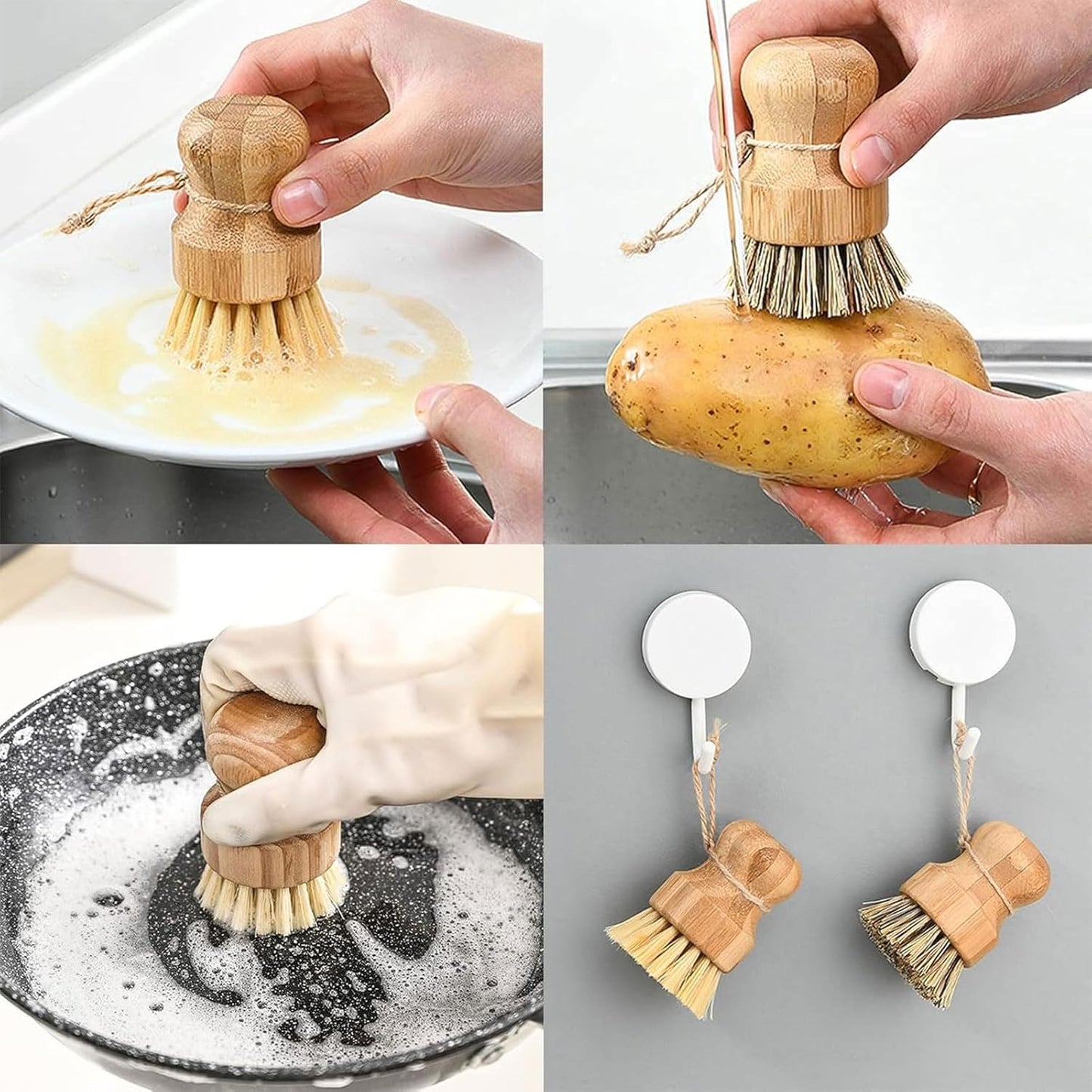 Dish Scrub Brush Dish Scrubber, 2 Packs Natural Bamboo Dish Brush Full Circle Palm Scrub Brush for Cleaning Pots Pans Vegetables (3.12 x 2.2 in)