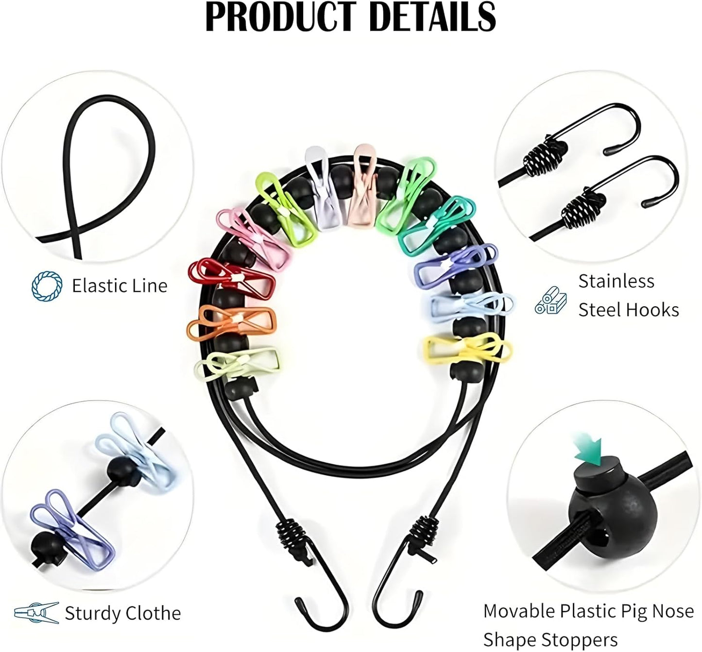 Travel Clothesline, Portable Clothes Line Outdoor with 12 Clips Elastic Clothesline for Indoor Outdoor Balcony Travel Camping Accessories(Multicolour)